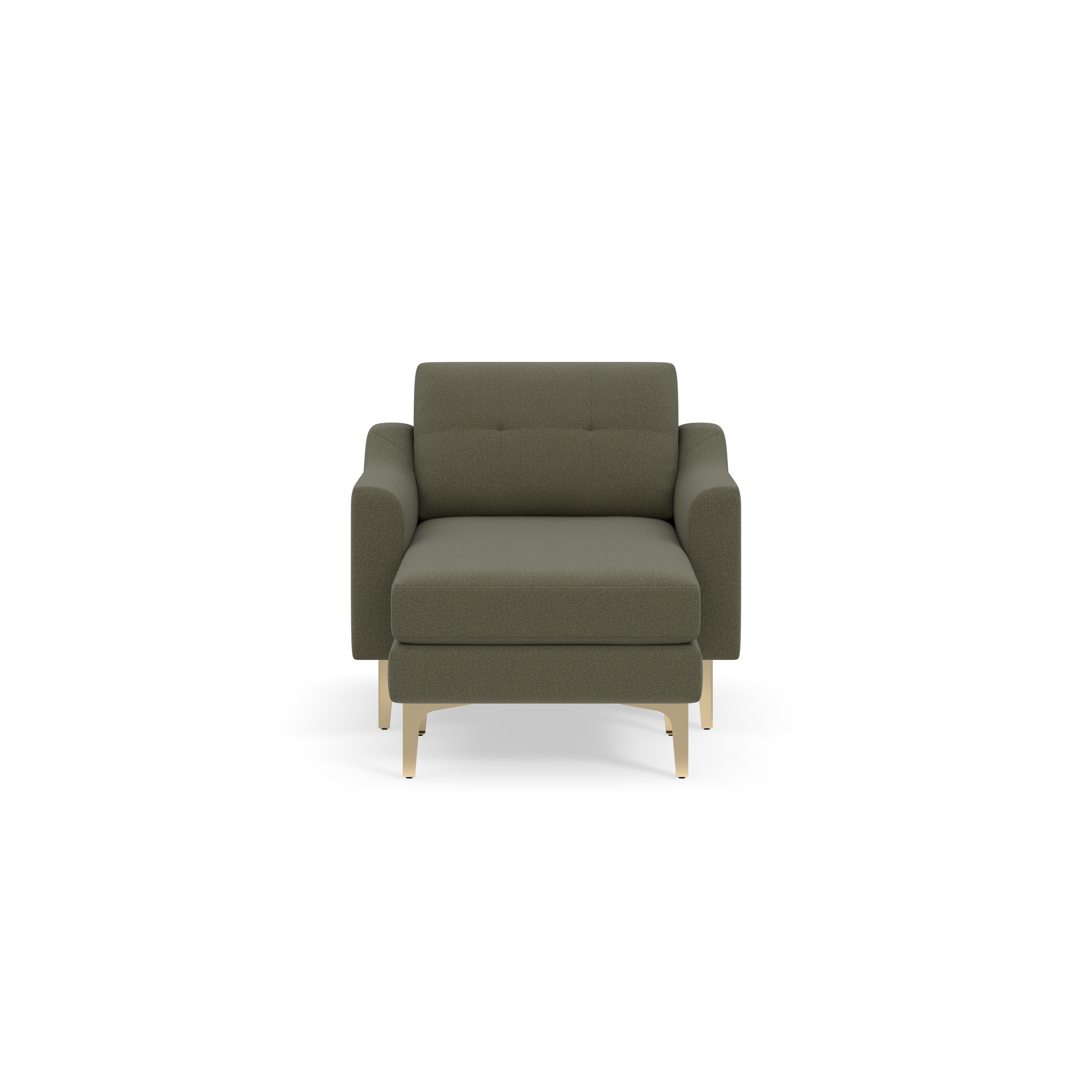 Front view of a modern Moss green armchair with soft fabric upholstery and light wooden legs on black background.