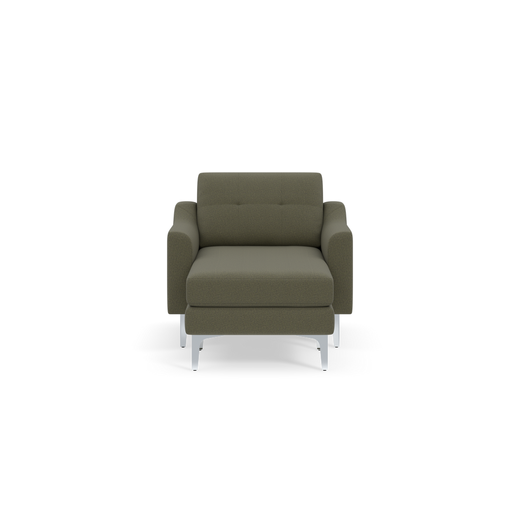 Modern Moss green upholstered armchair with plush cushions and sleek metal legs, viewed from the front on a black background.