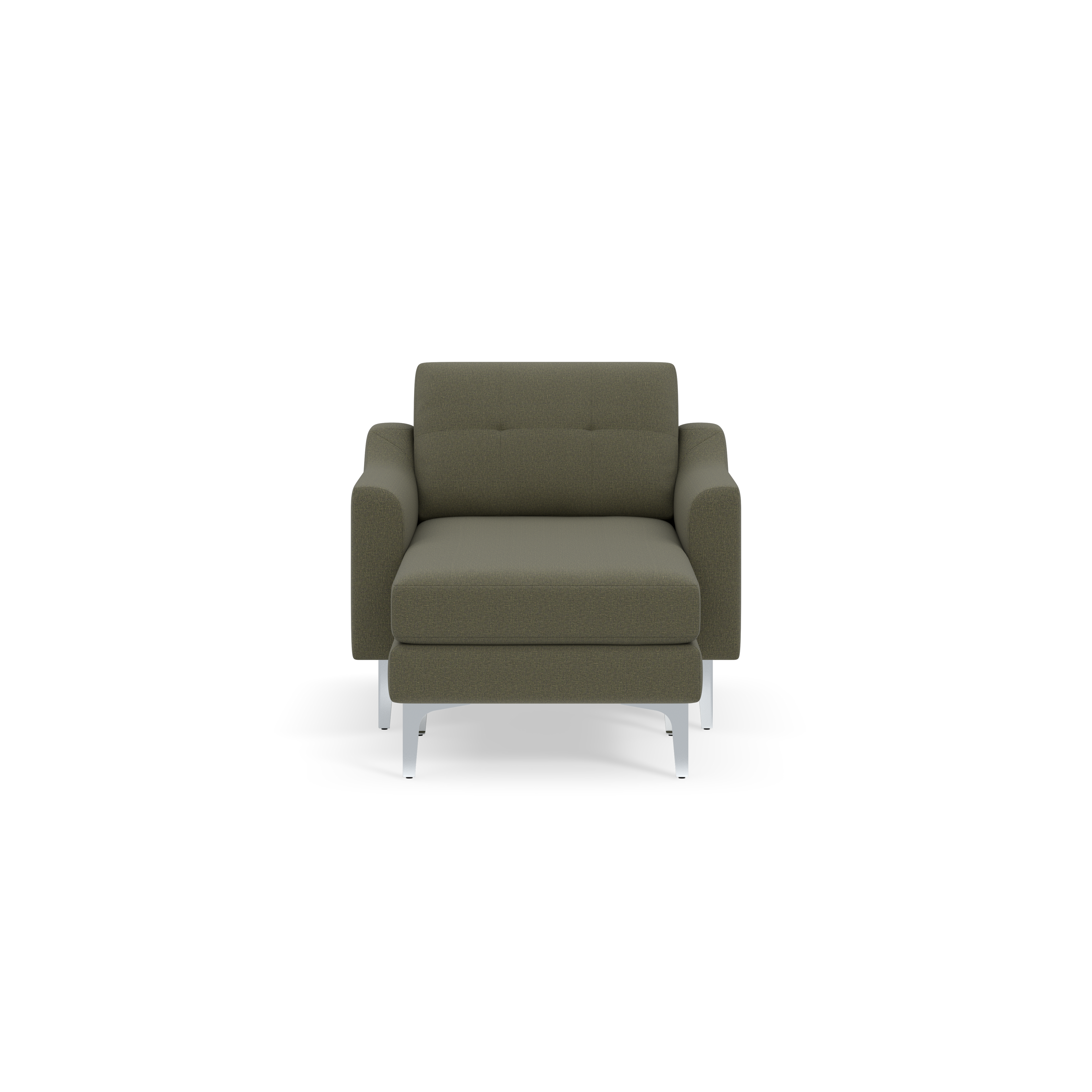 Modern Moss green upholstered armchair with plush cushions and sleek metal legs, viewed from the front on a black background.