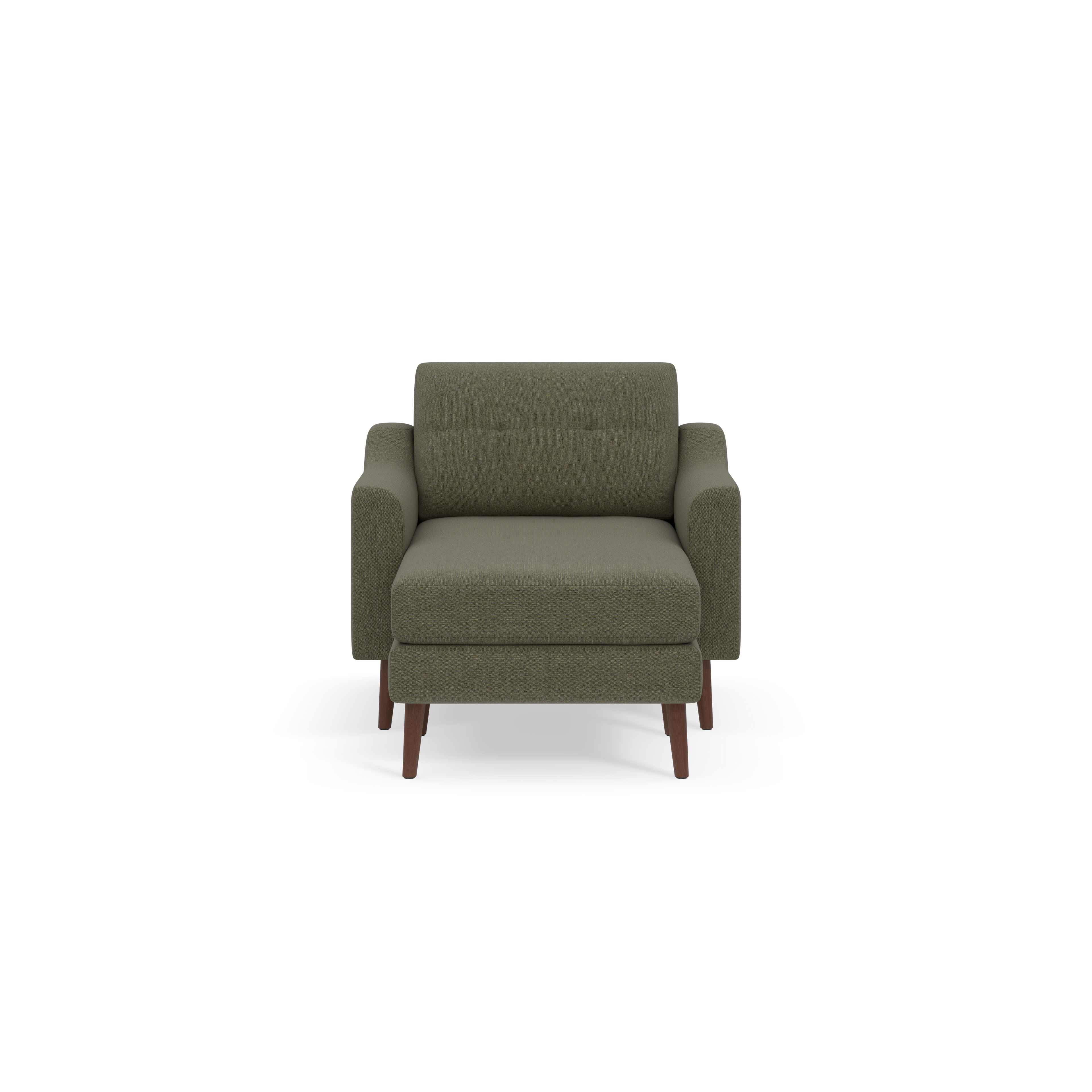 Moss green upholstered armchair with cushioned back and seat, featuring wooden tapered legs, shown on black background.