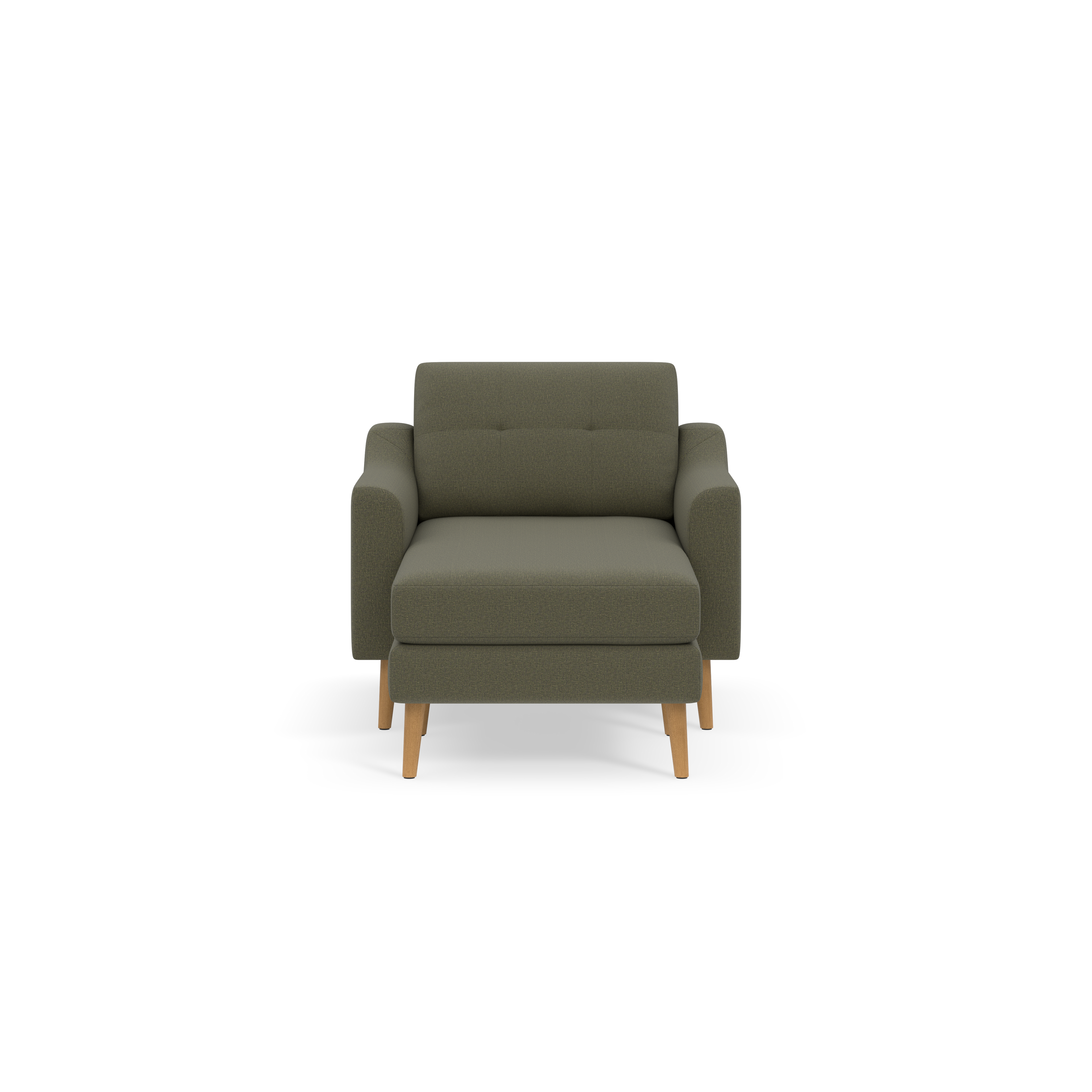 Front view of a modern, Moss green upholstered armchair with wooden legs and padded armrests against a black background.