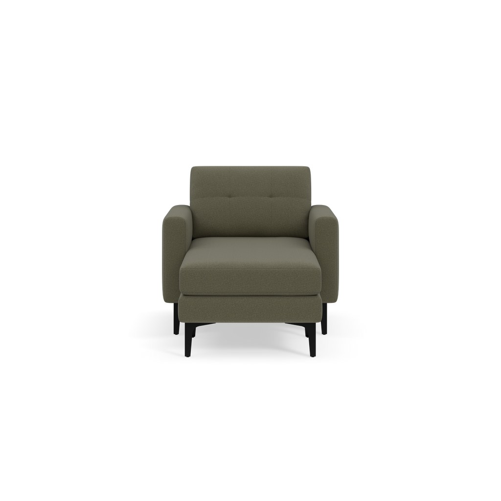 Front view of a modern single-seater armchair upholstered in textured Moss green fabric with black legs.