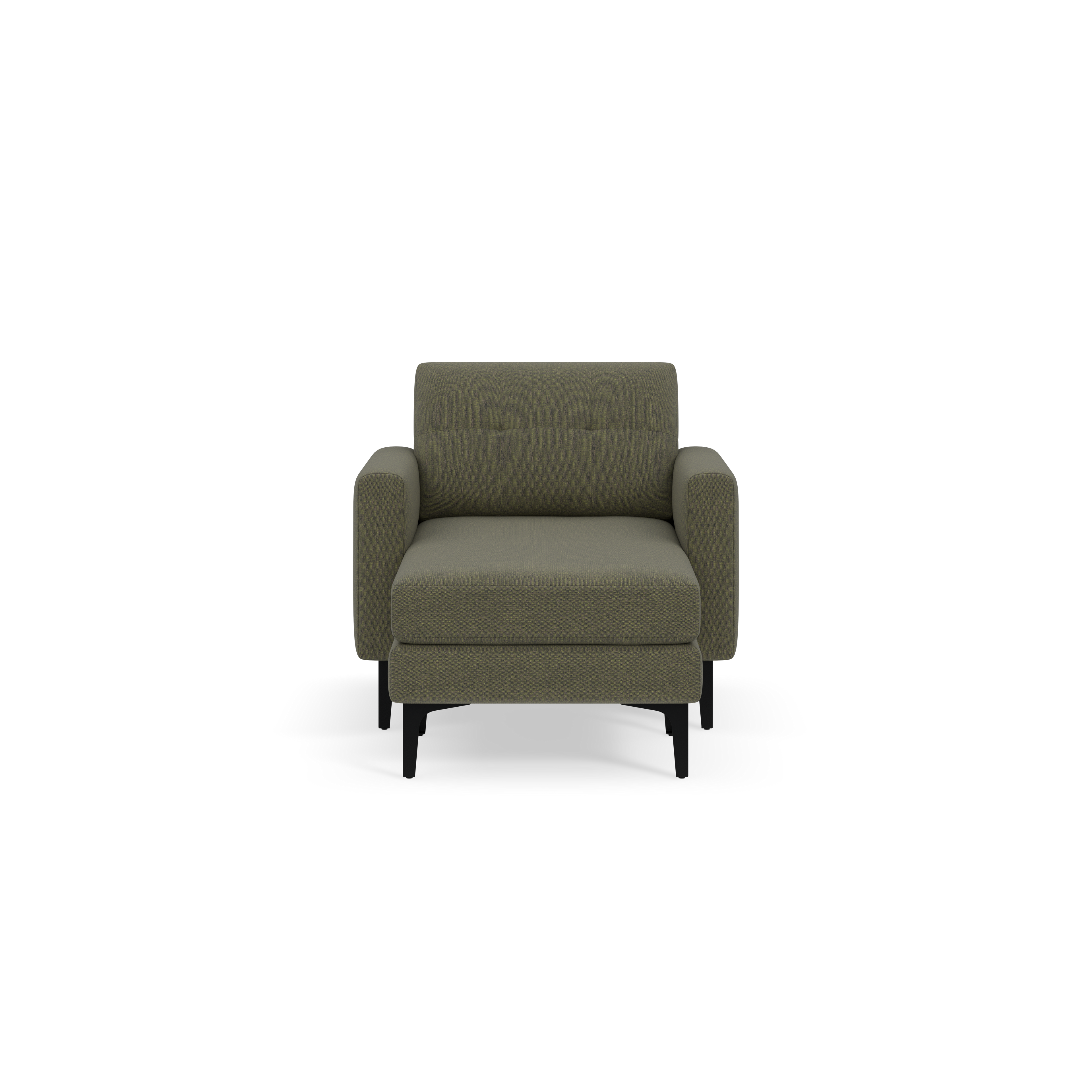 Front view of a modern single-seater armchair upholstered in textured Moss green fabric with black legs.