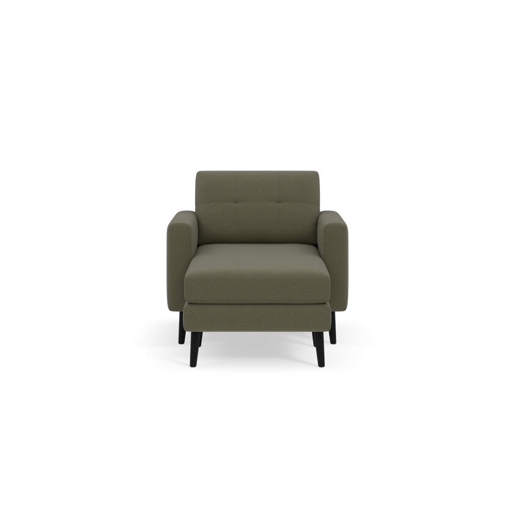 Front view of a modern Moss green upholstered armchair with square arms and black wooden legs.