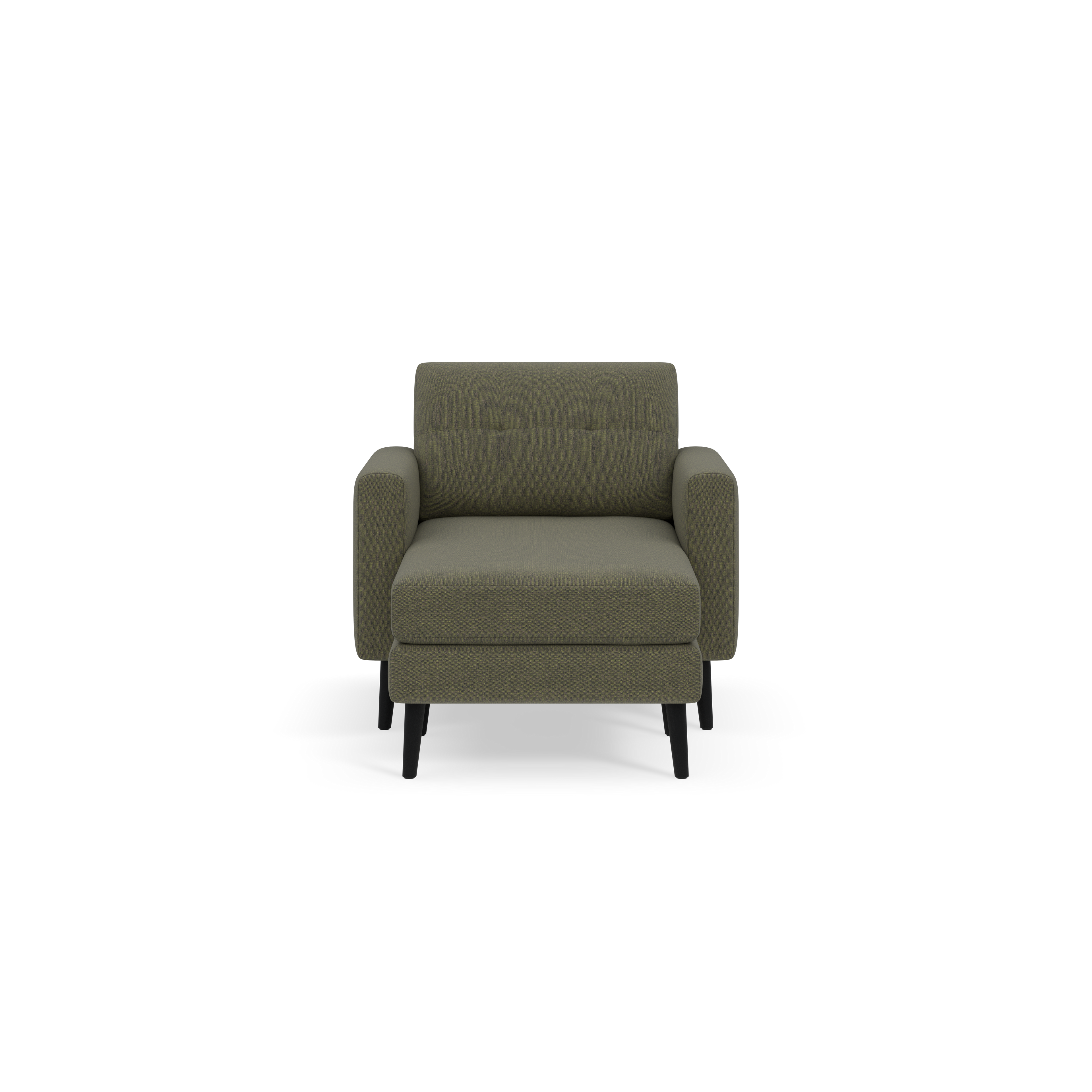 Front view of a modern Moss green upholstered armchair with square arms and black wooden legs.