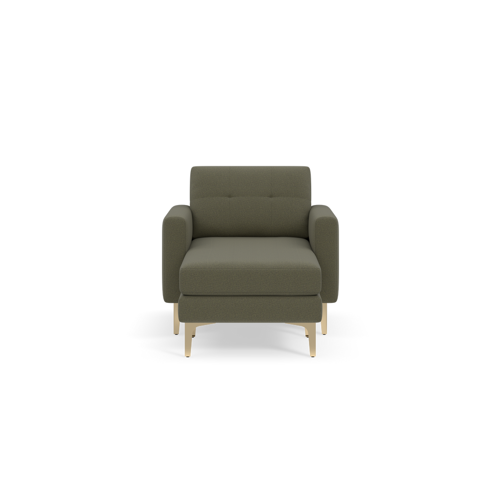 Front view of a modern Moss green armchair with wooden legs and tufted backrest against black background.