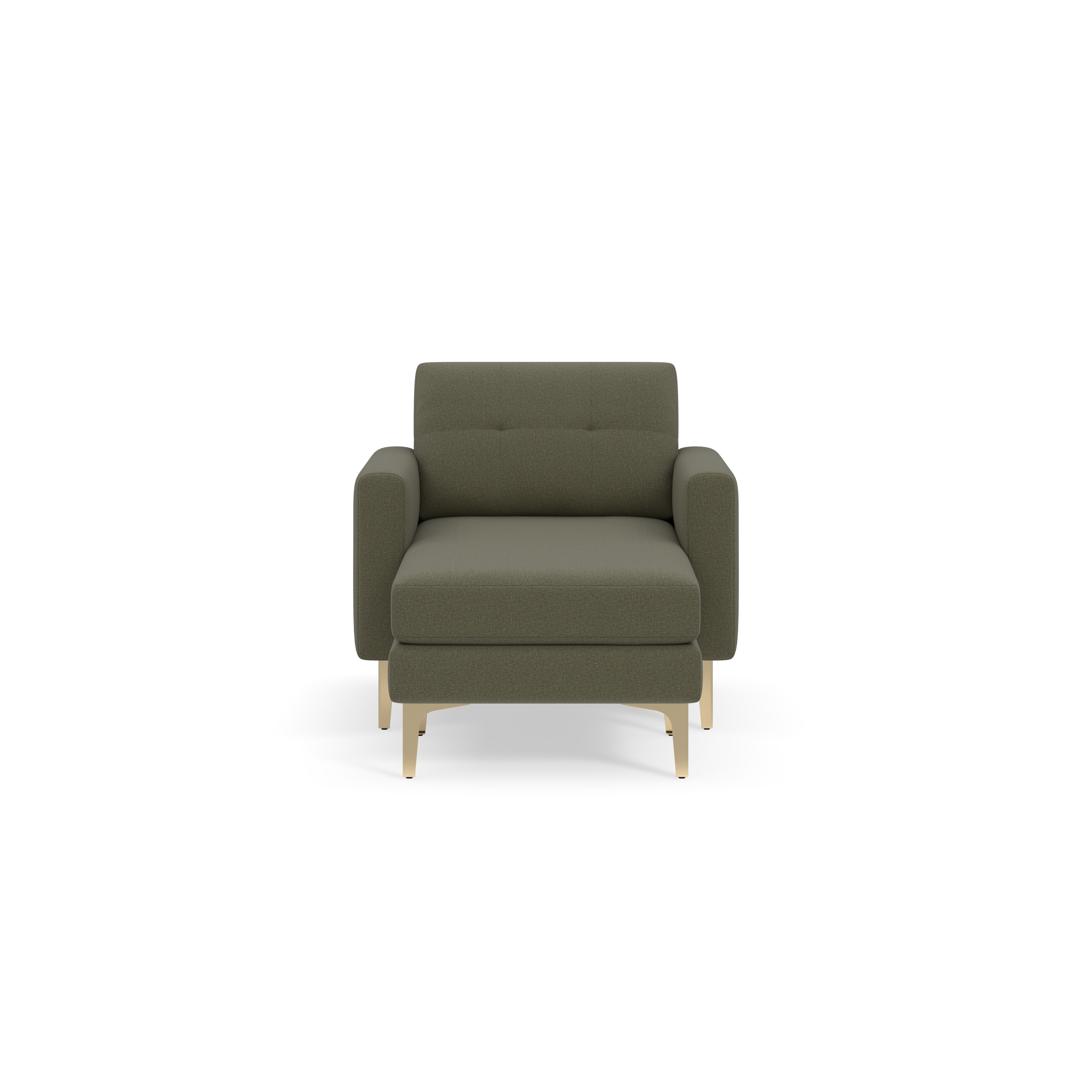Front view of a modern Moss green armchair with wooden legs and tufted backrest against black background.