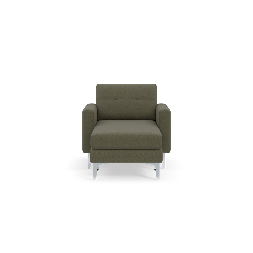 Modern Moss green armchair with cushioned seat and backrest, square armrests, and metal legs on a black background.
