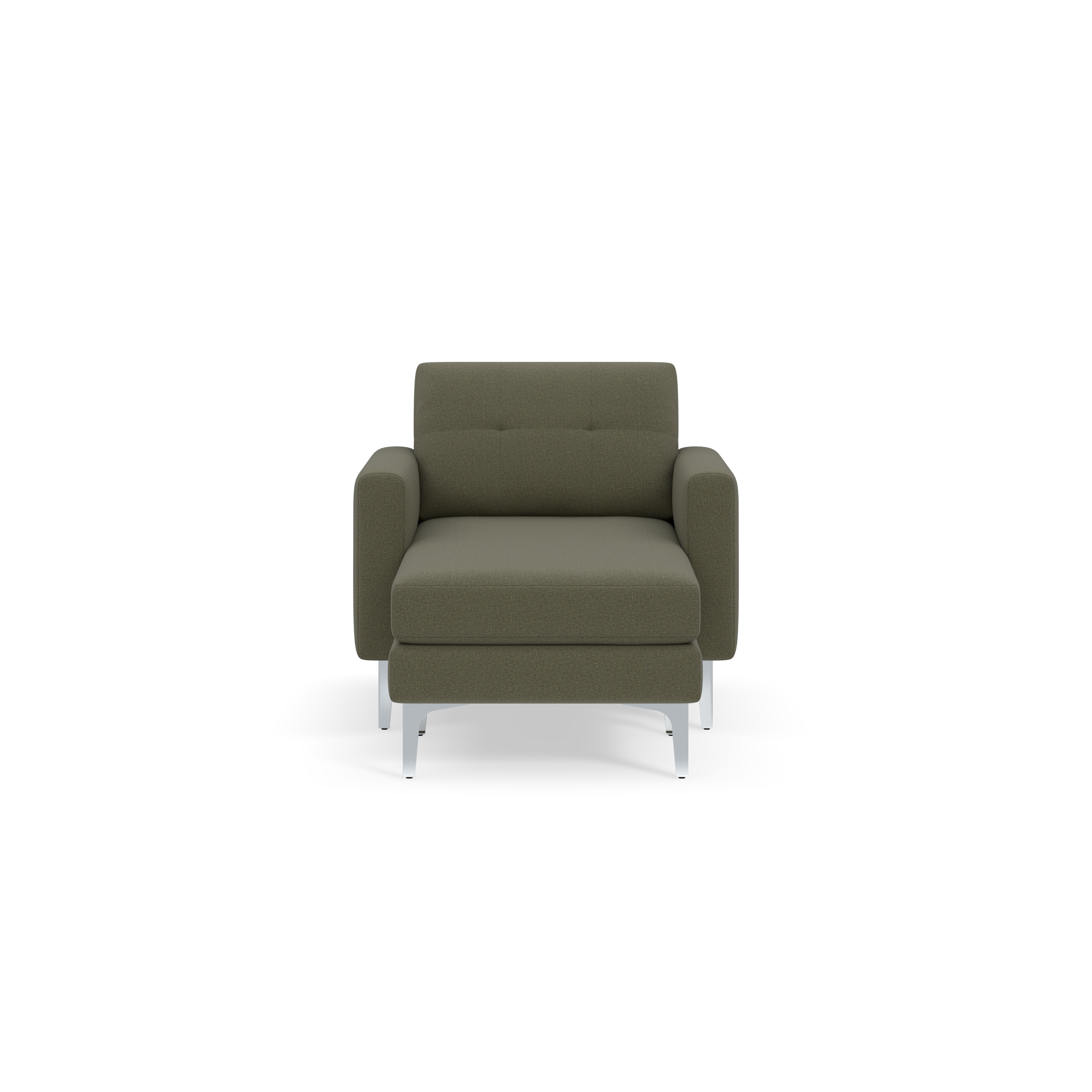 Modern Moss green armchair with cushioned seat and backrest, square armrests, and metal legs on a black background.