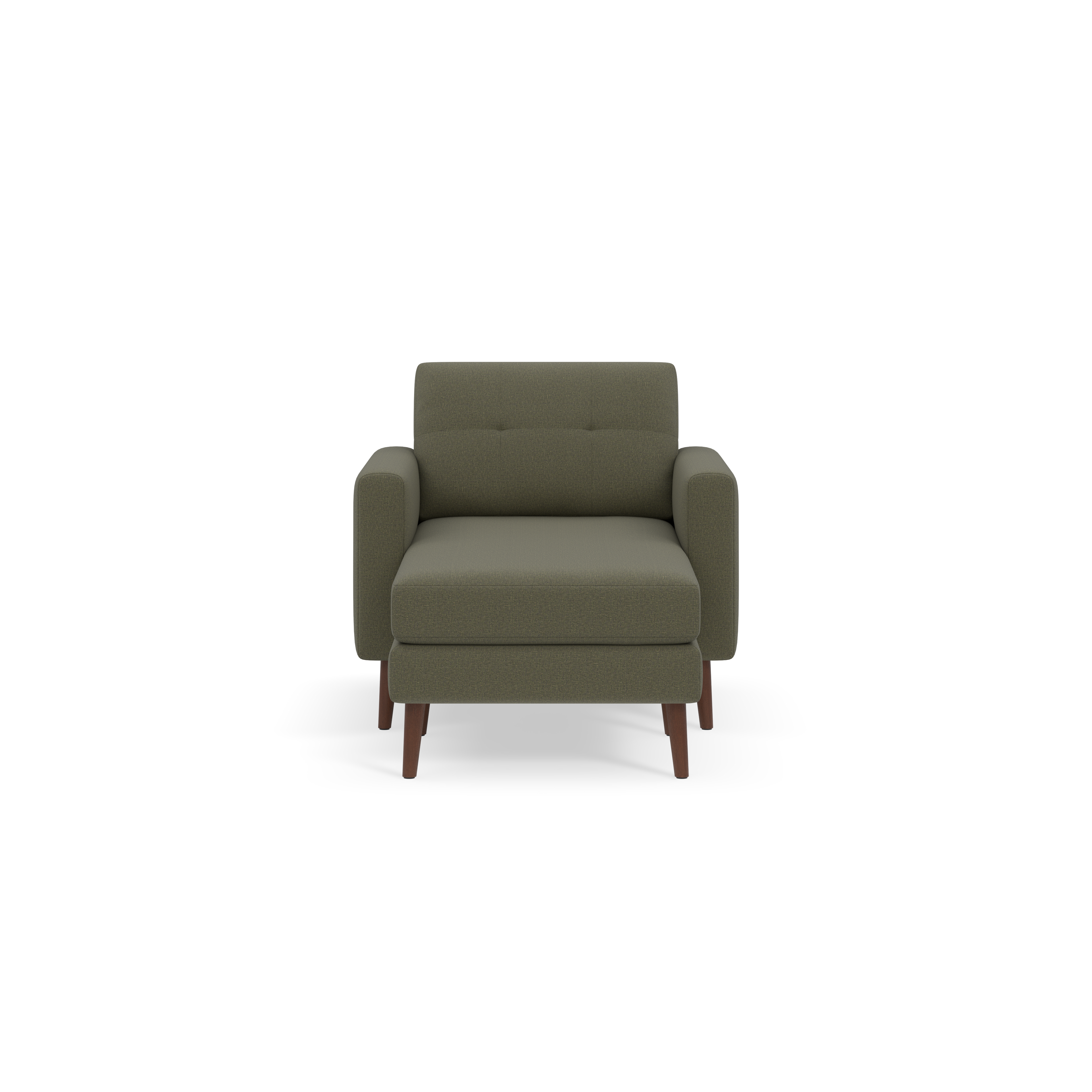 Modern Moss green armchair with padded seat, backrest, and armrests, supported by four tapered wooden legs.