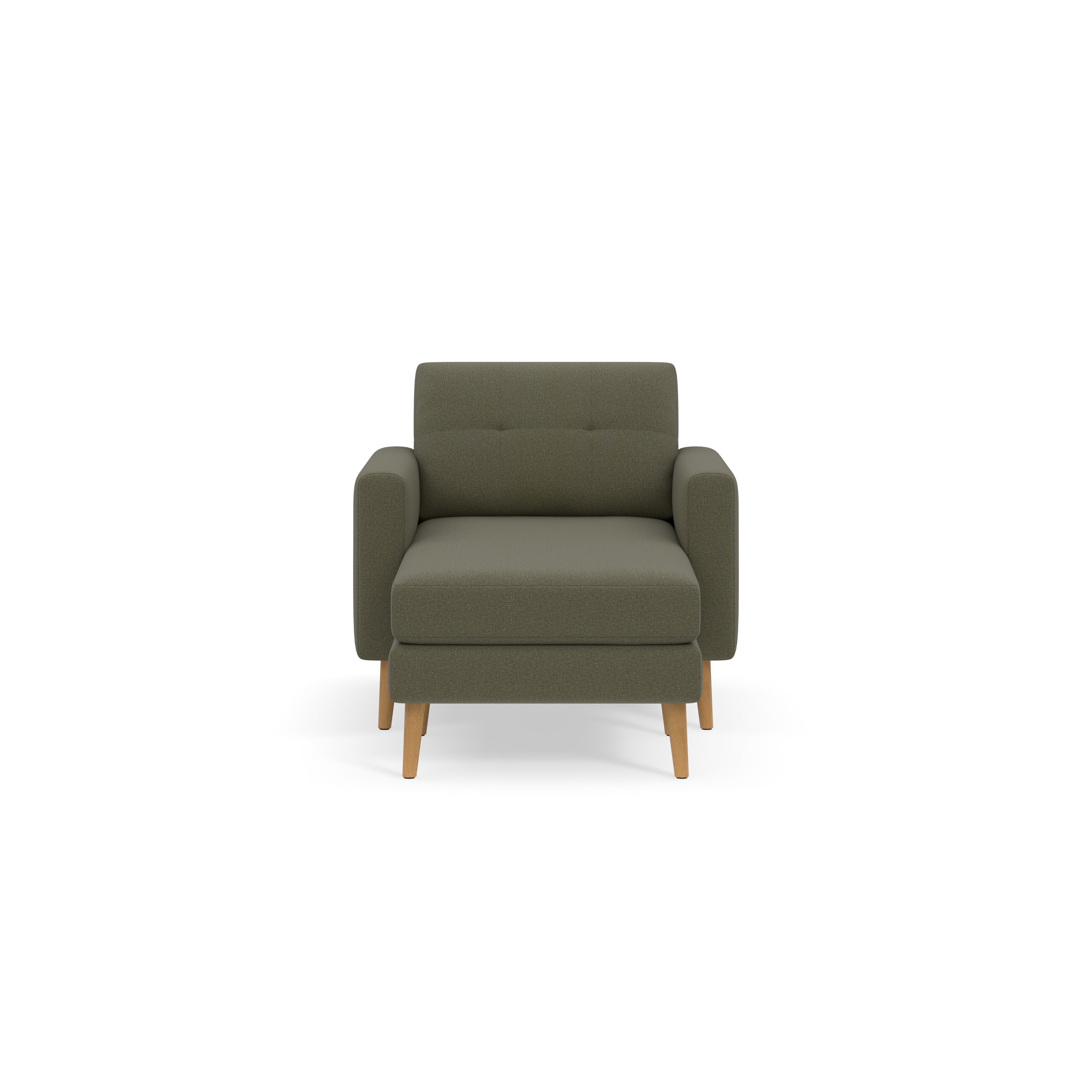 Modern Moss green upholstered armchair with wooden legs, wide seat cushion, and padded armrests, shown against a black background.