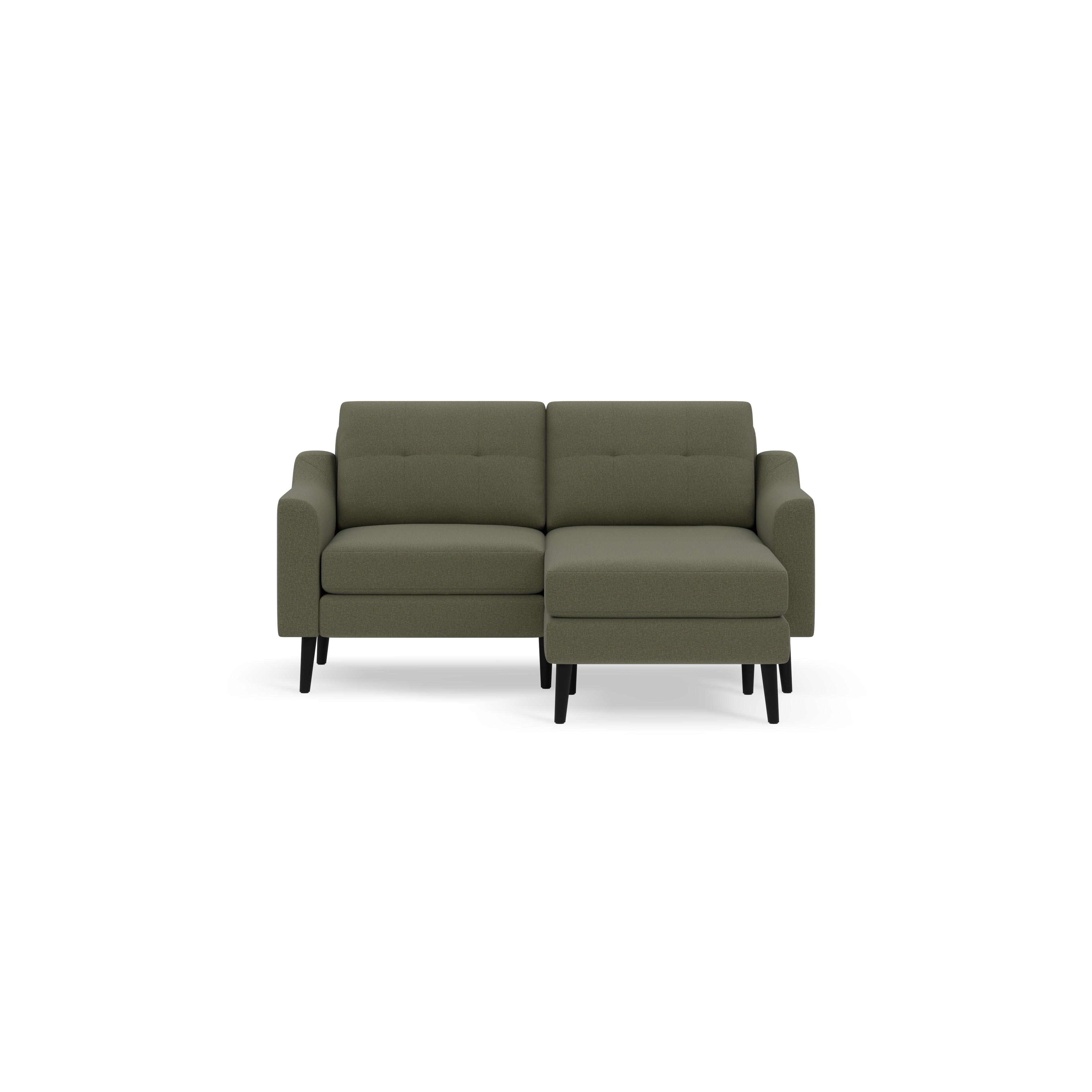 Moss green mid-century modern sectional sofa with tufted back cushions and black tapered wooden legs, shown against a black background.