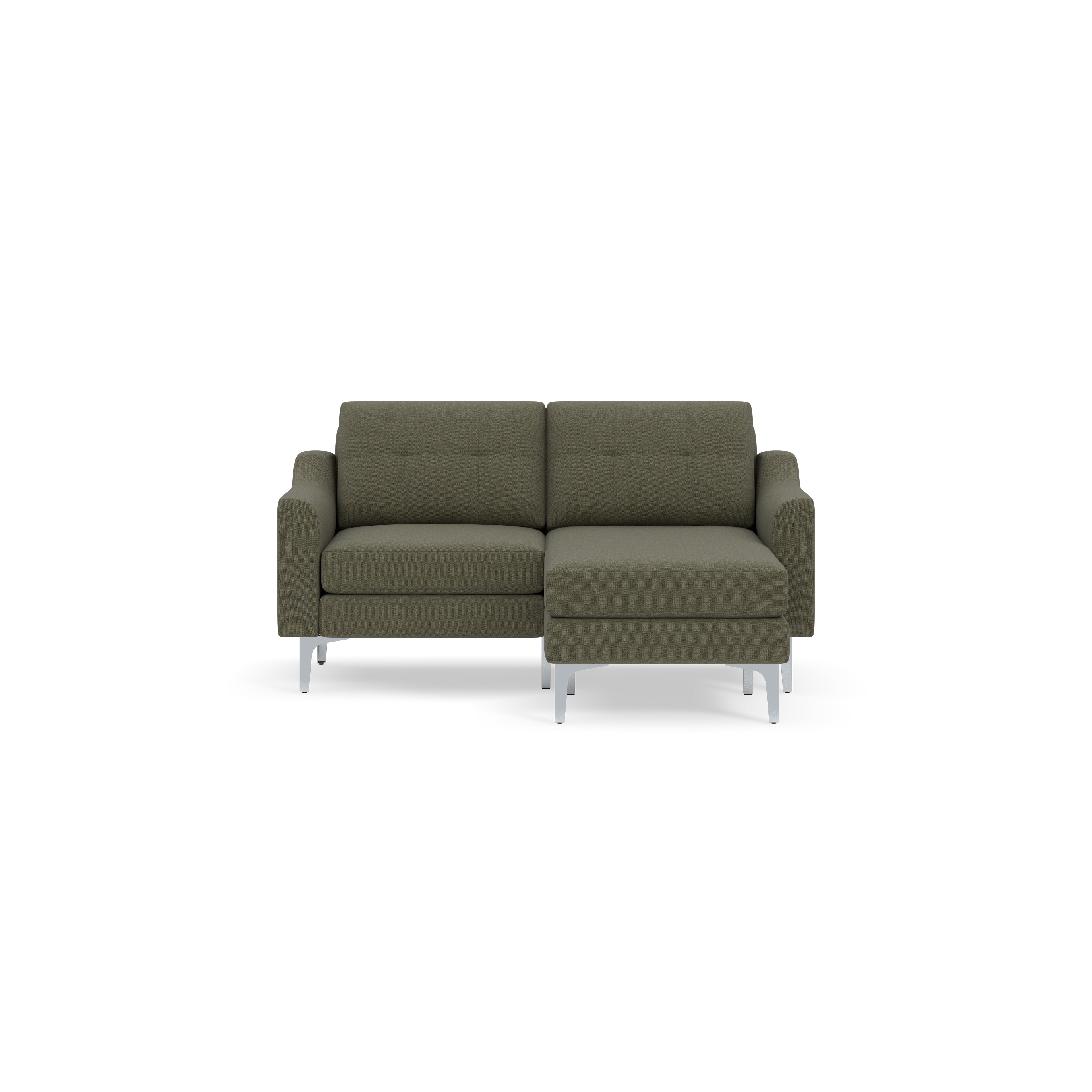 Modern Moss green fabric loveseat sofa with tufted back cushions, armrests, and silver metal legs, shown on black background.