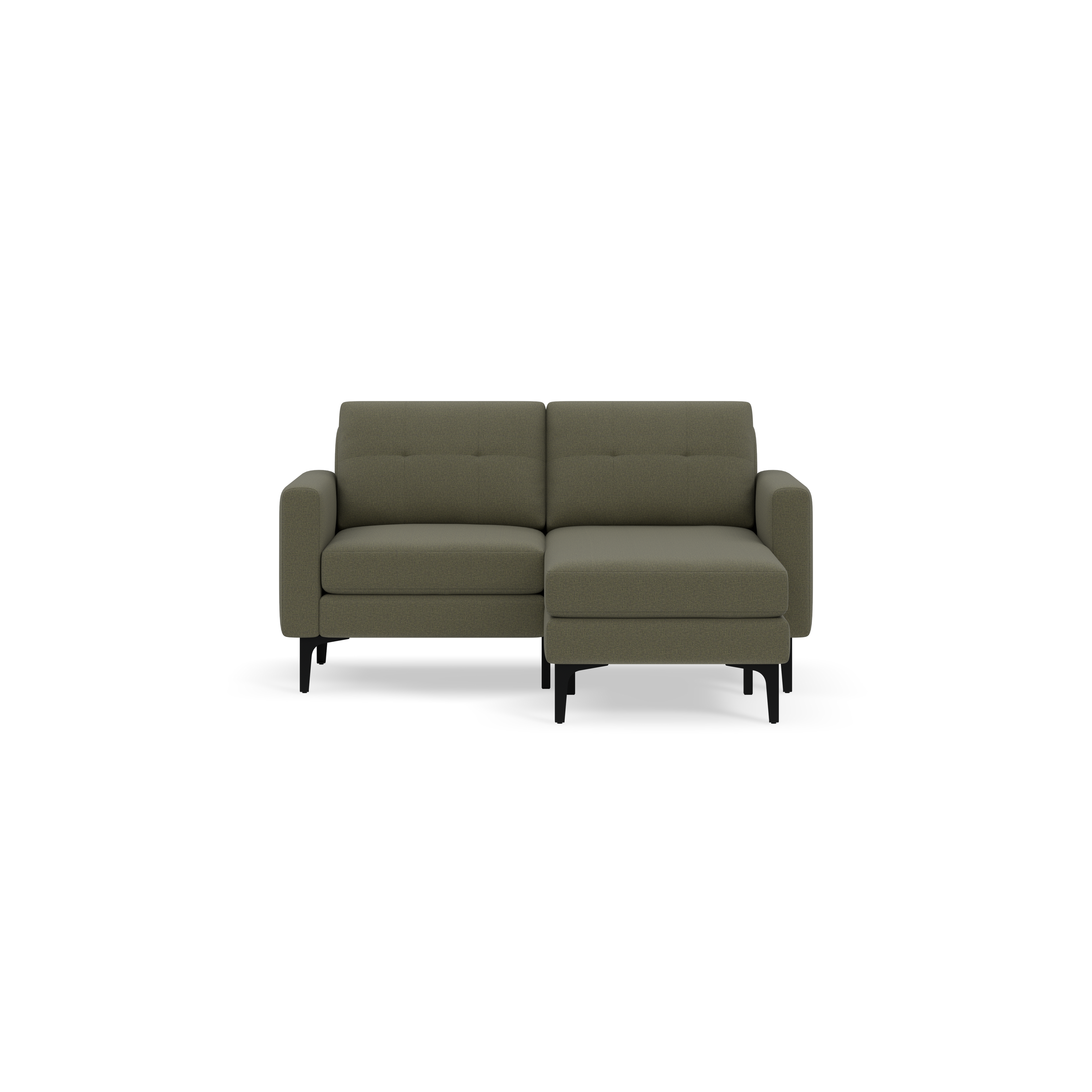 Modern two-seater sofa with right chaise lounge, upholstered in Moss green fabric, featuring tufted back cushions and black wooden legs.
