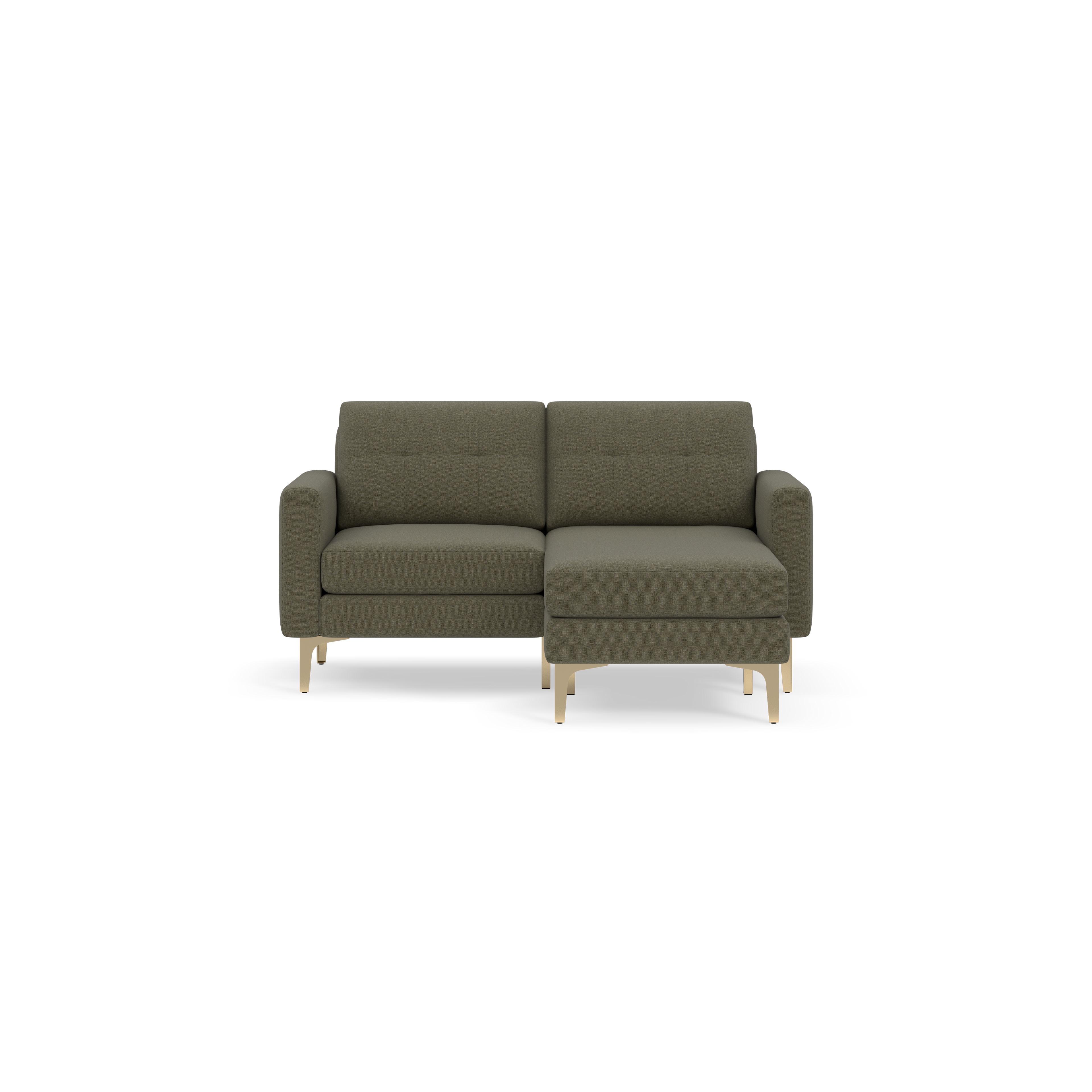 Moss green modern sectional sofa with clean lines, tufted backrest, and light wooden legs on black background.