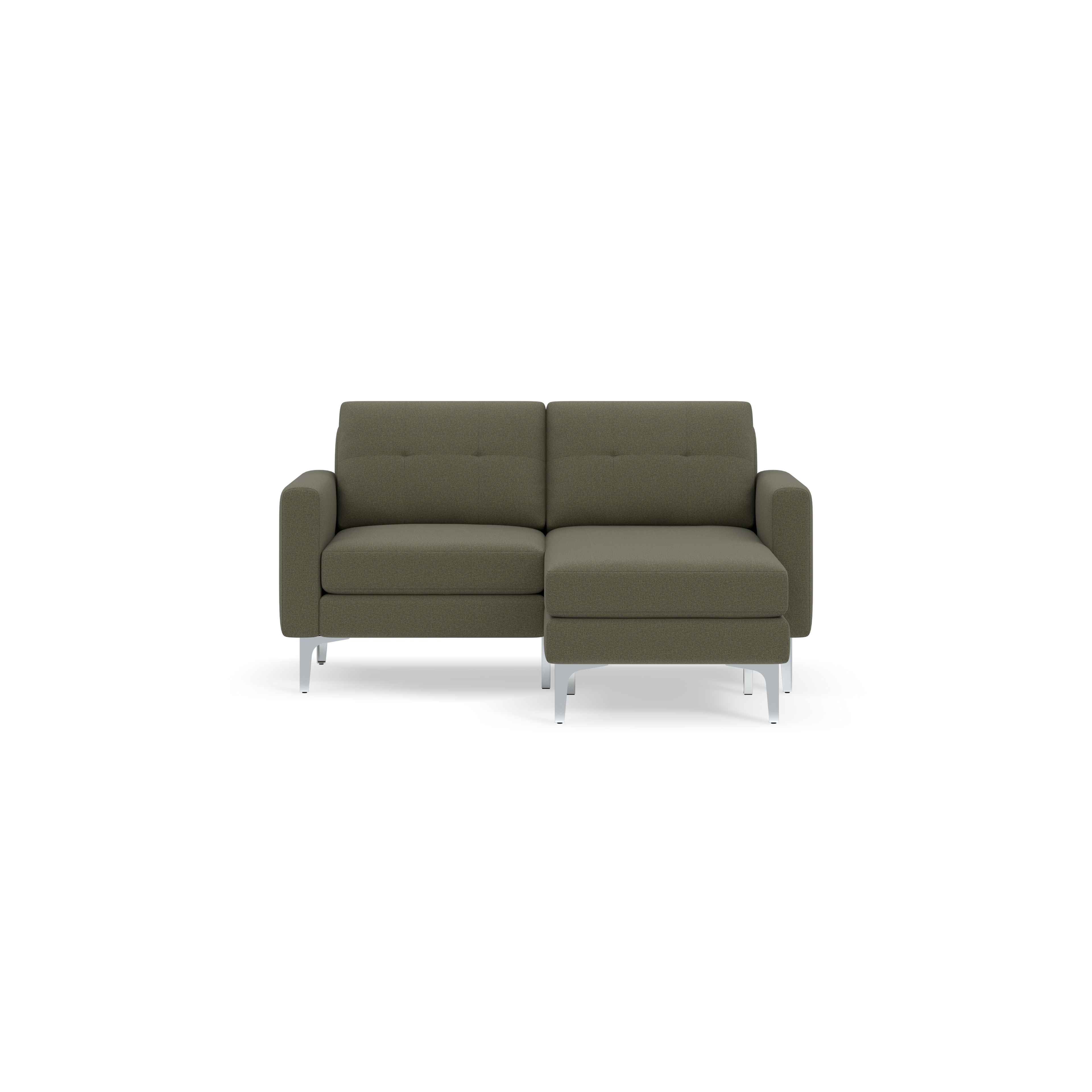 Modern Moss green fabric sectional sofa with tufted back cushions and chrome legs, shown on black background.