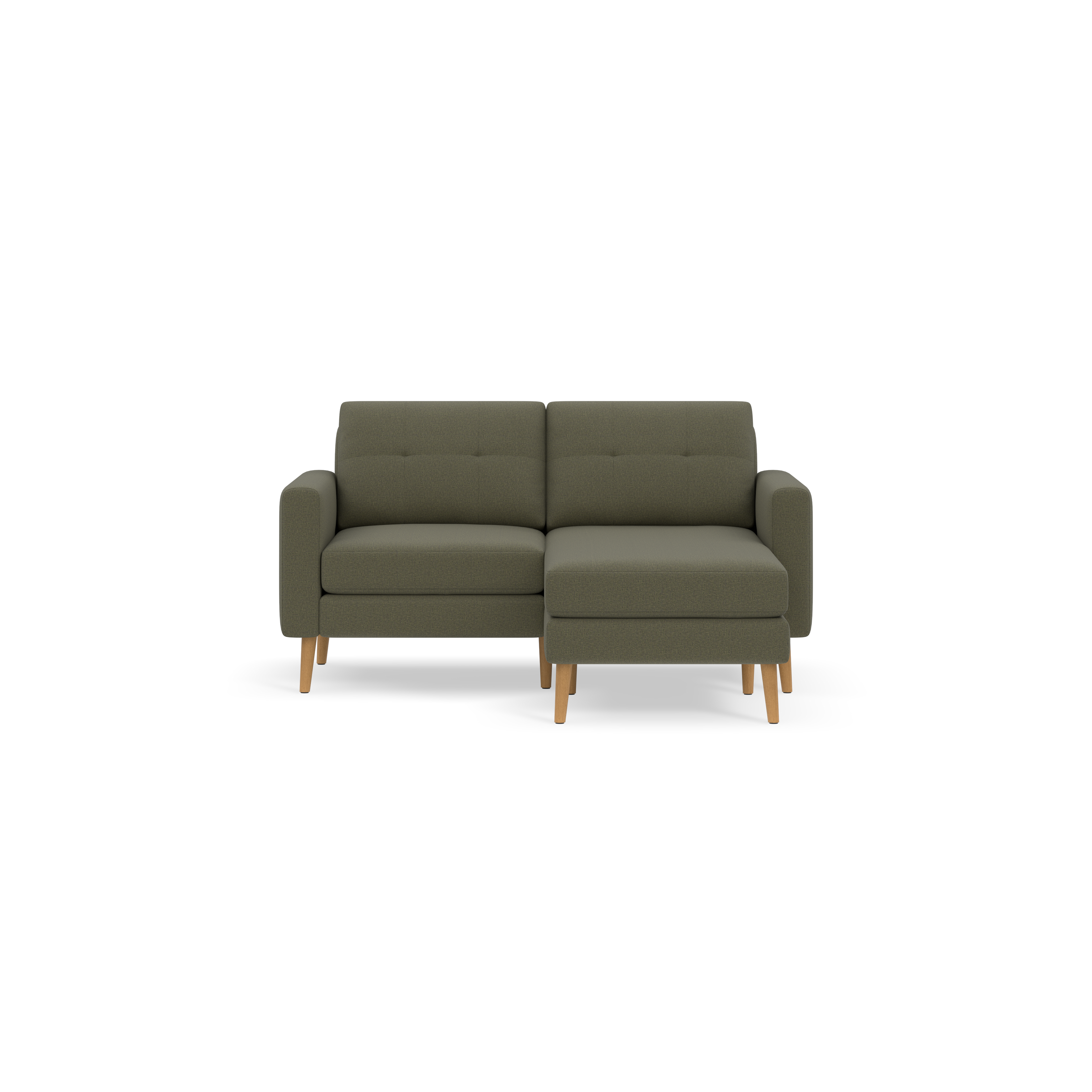 Moss green two-seater sectional sofa with wooden legs and tufted back cushions, modern minimalist design.