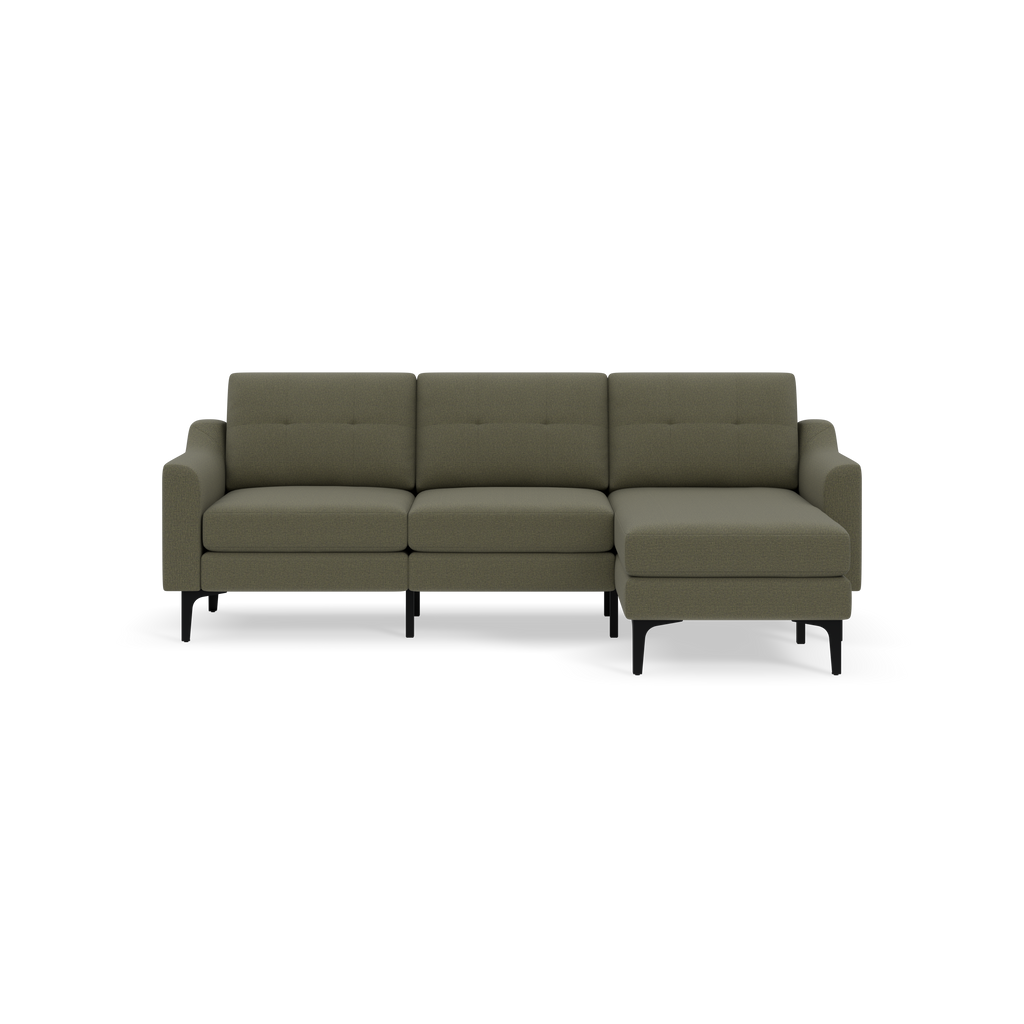 Modern Moss green fabric sectional sofa with clean lines, tufted back cushions, and black tapered legs, featuring a chaise lounge on the right side.