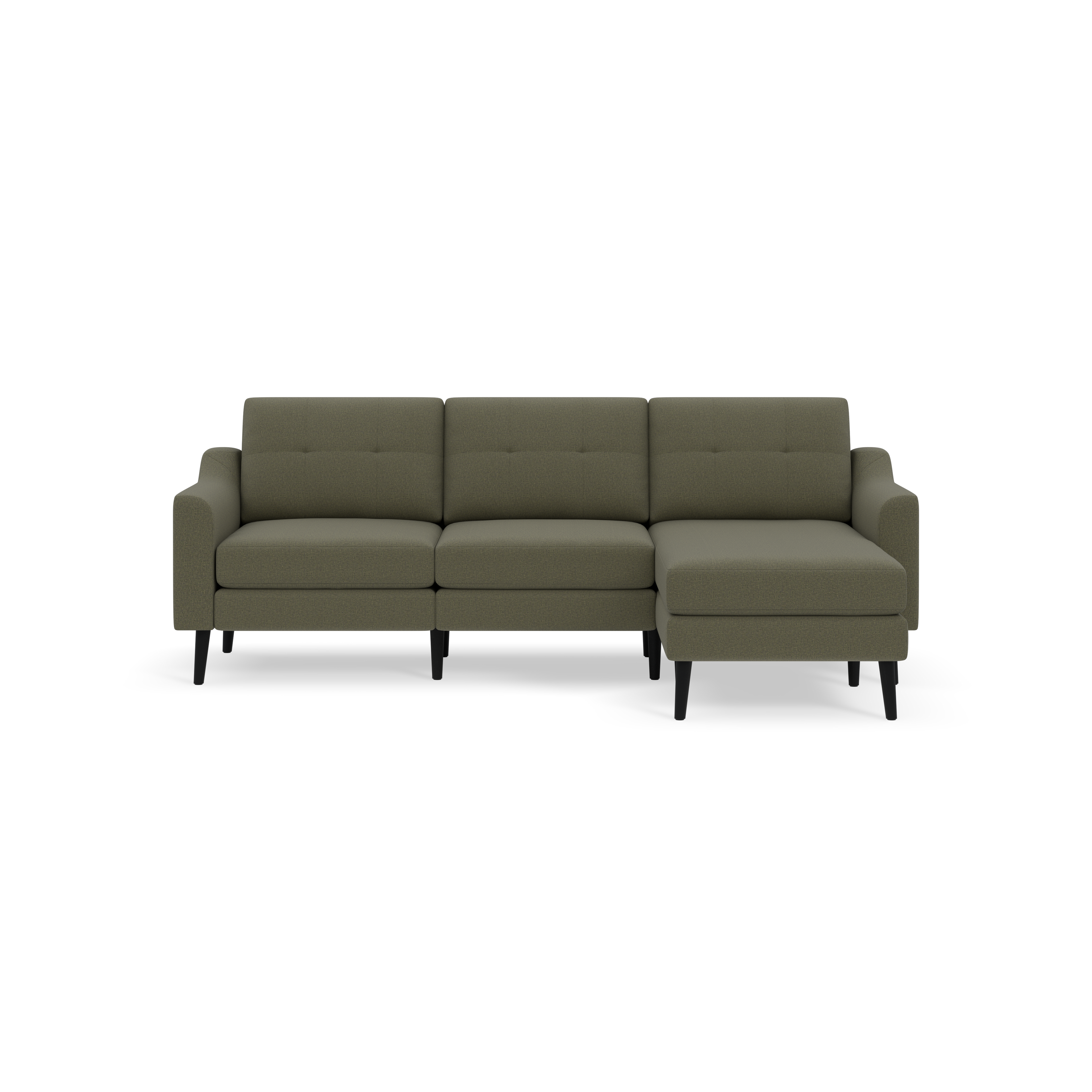 Modern olive-green sectional sofa with tufted back cushions, right chaise, and slim black legs on black background.