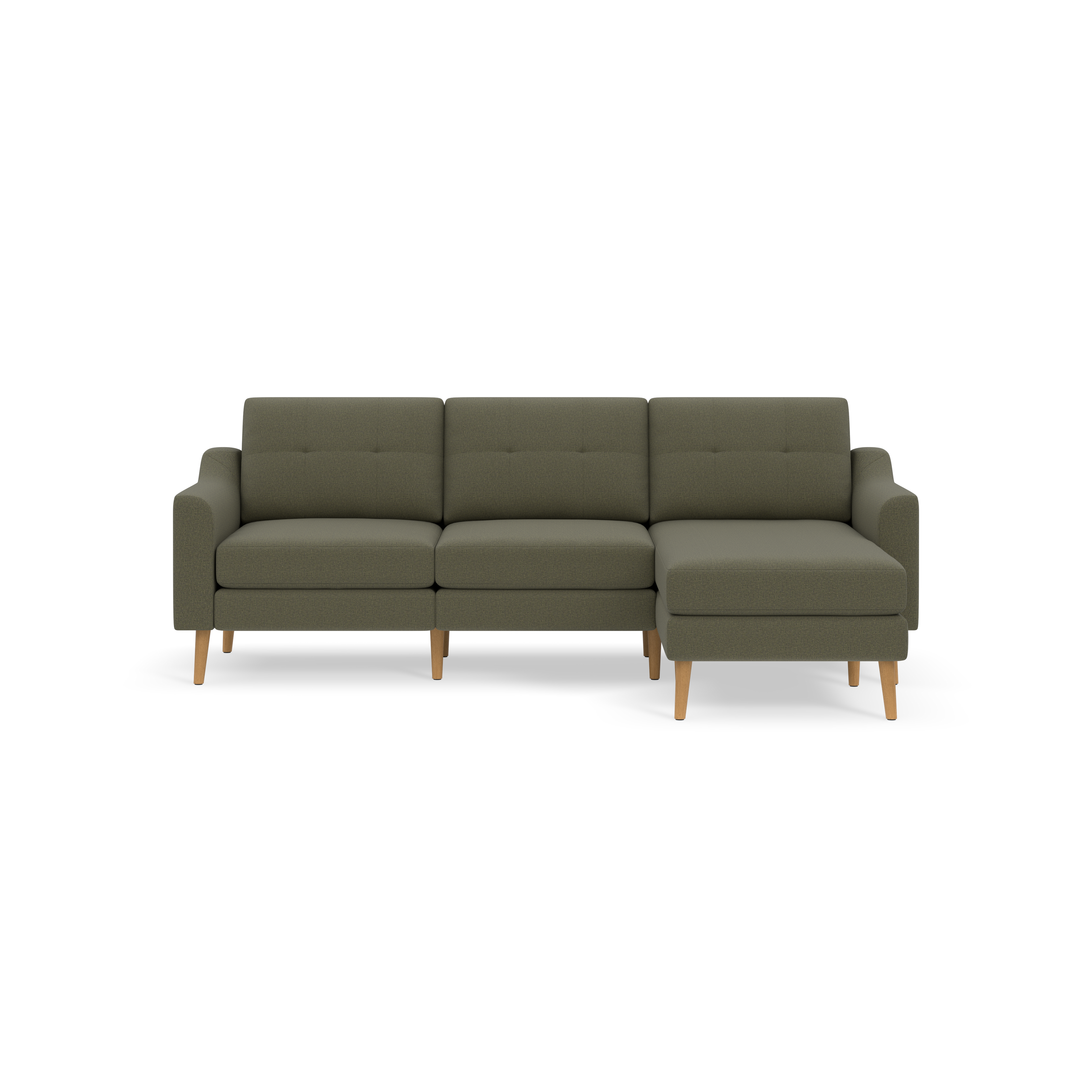 Modern Moss green fabric sectional sofa with wooden legs, featuring three cushioned seats and an extended chaise lounge on the right side.