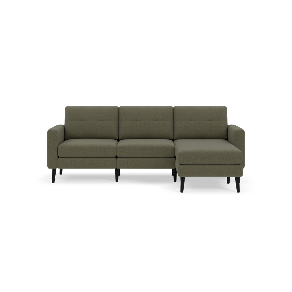 Modern Moss green fabric sectional sofa with tufted back cushions, straight arms, and dark tapered wooden legs.