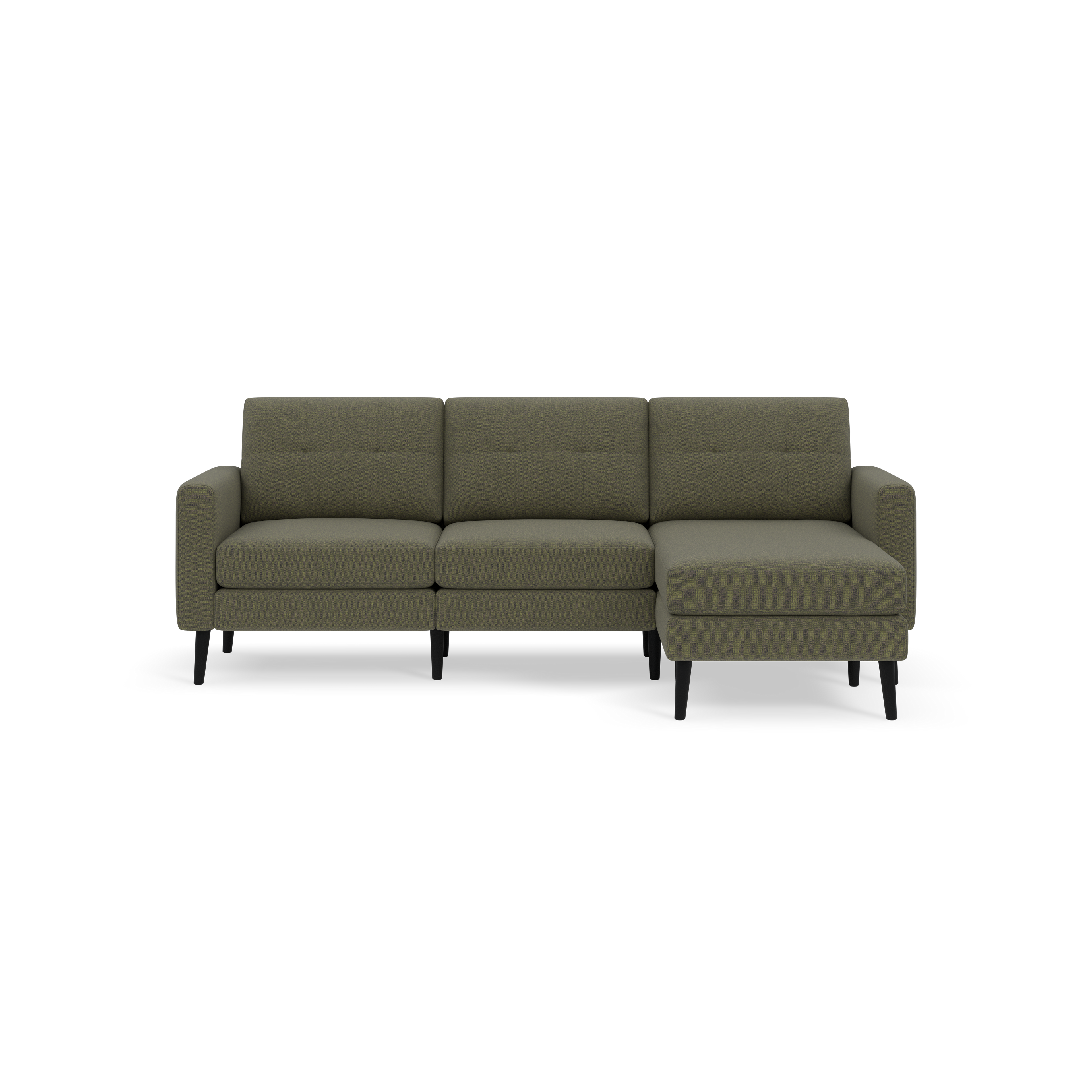 Modern Moss green fabric sectional sofa with tufted back cushions, straight arms, and dark tapered wooden legs.