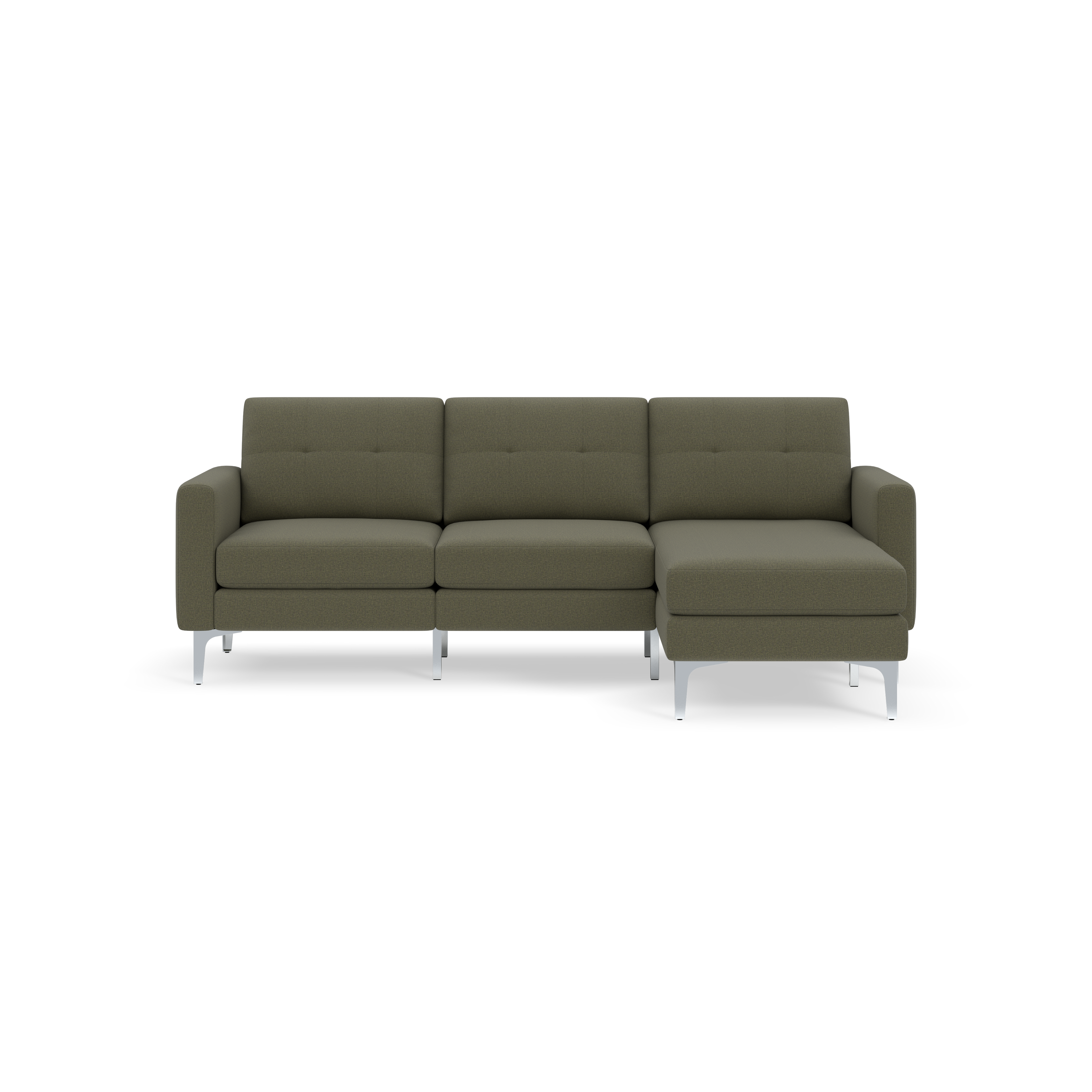 Modern Moss green sectional sofa with three seats and chaise lounge on the right side, featuring metal legs and tufted back cushions.
