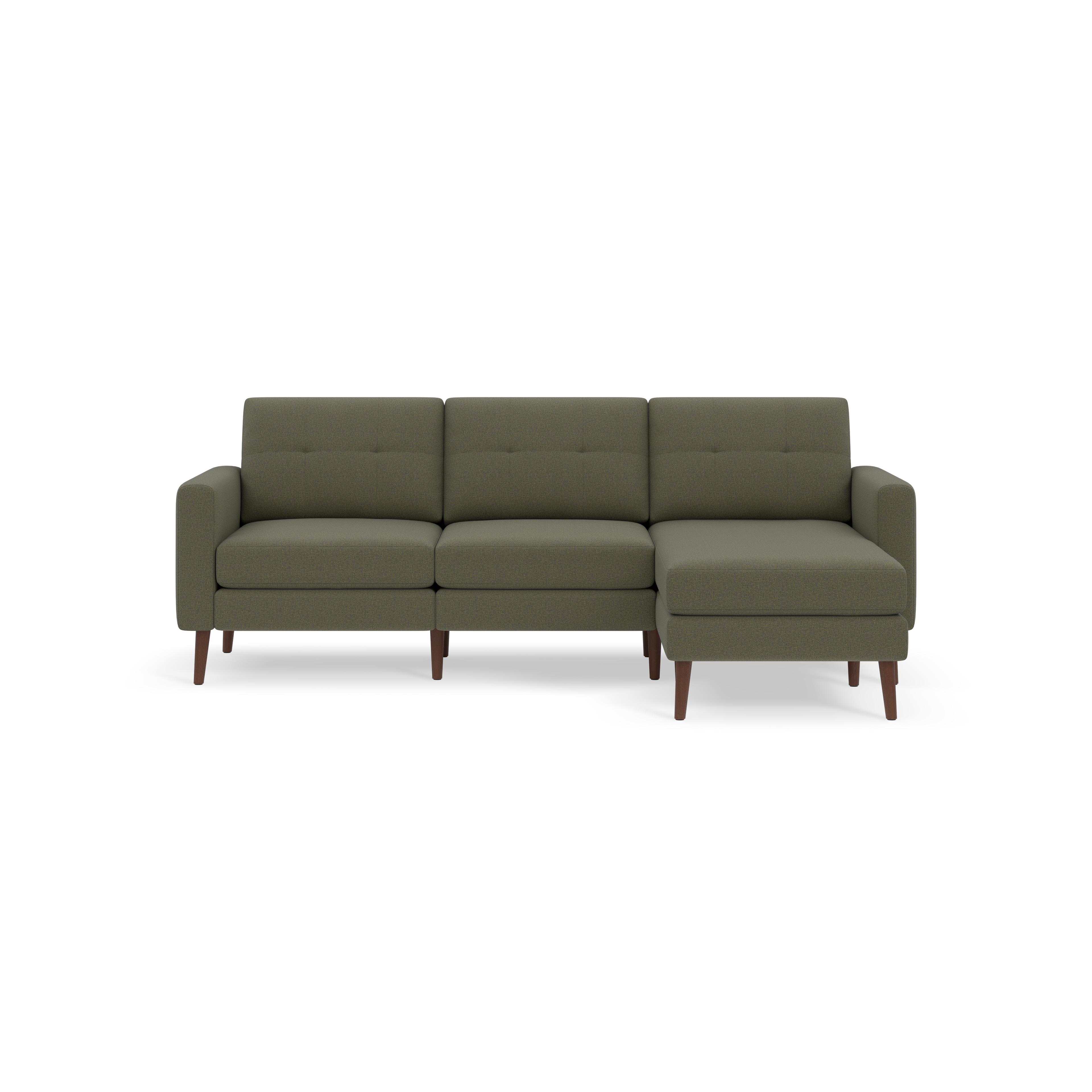Modern Moss green sectional sofa with tufted back cushions and wooden tapered legs against black background.