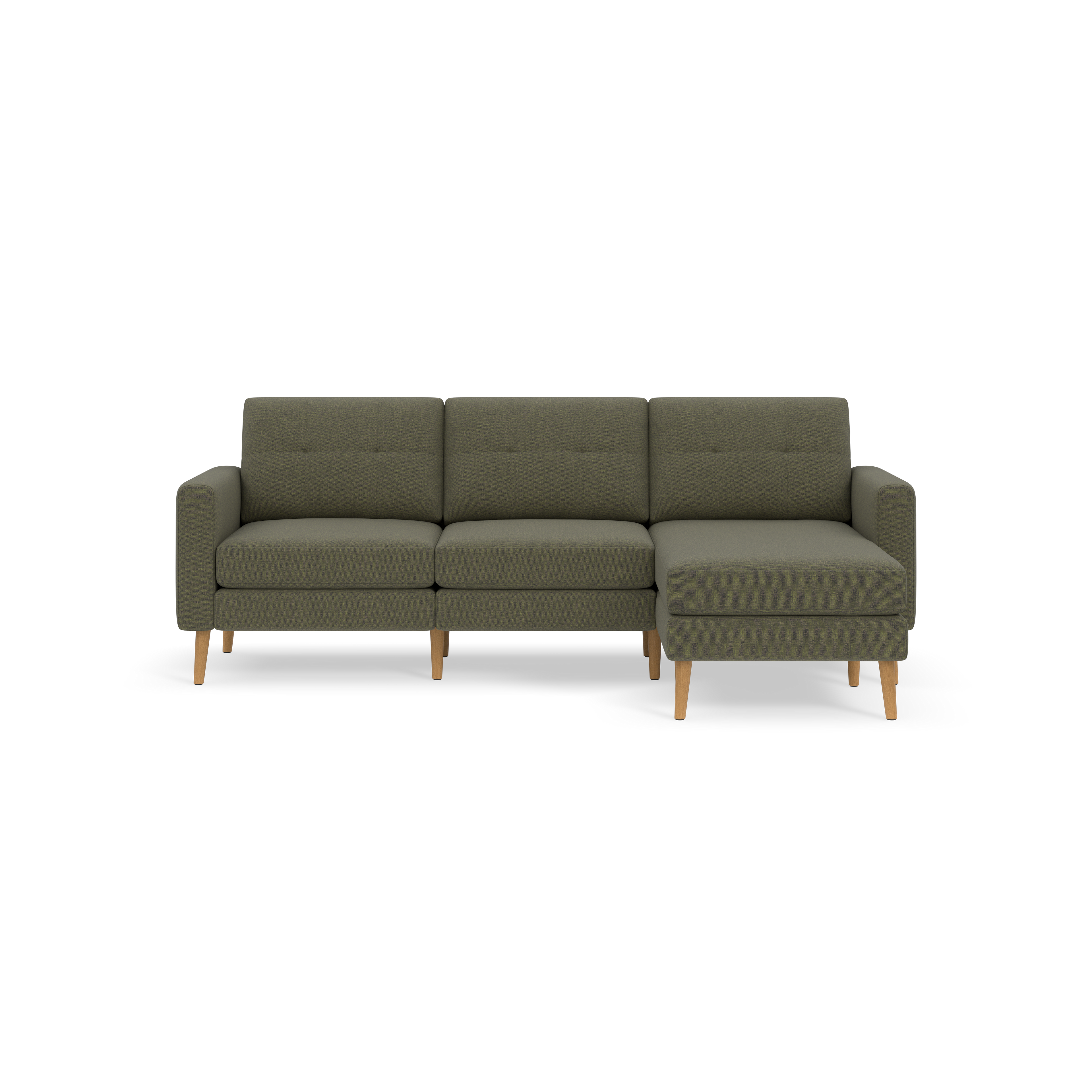 Modern Moss green fabric sectional sofa with tufted back cushions, wooden legs, and a right chaise lounge.