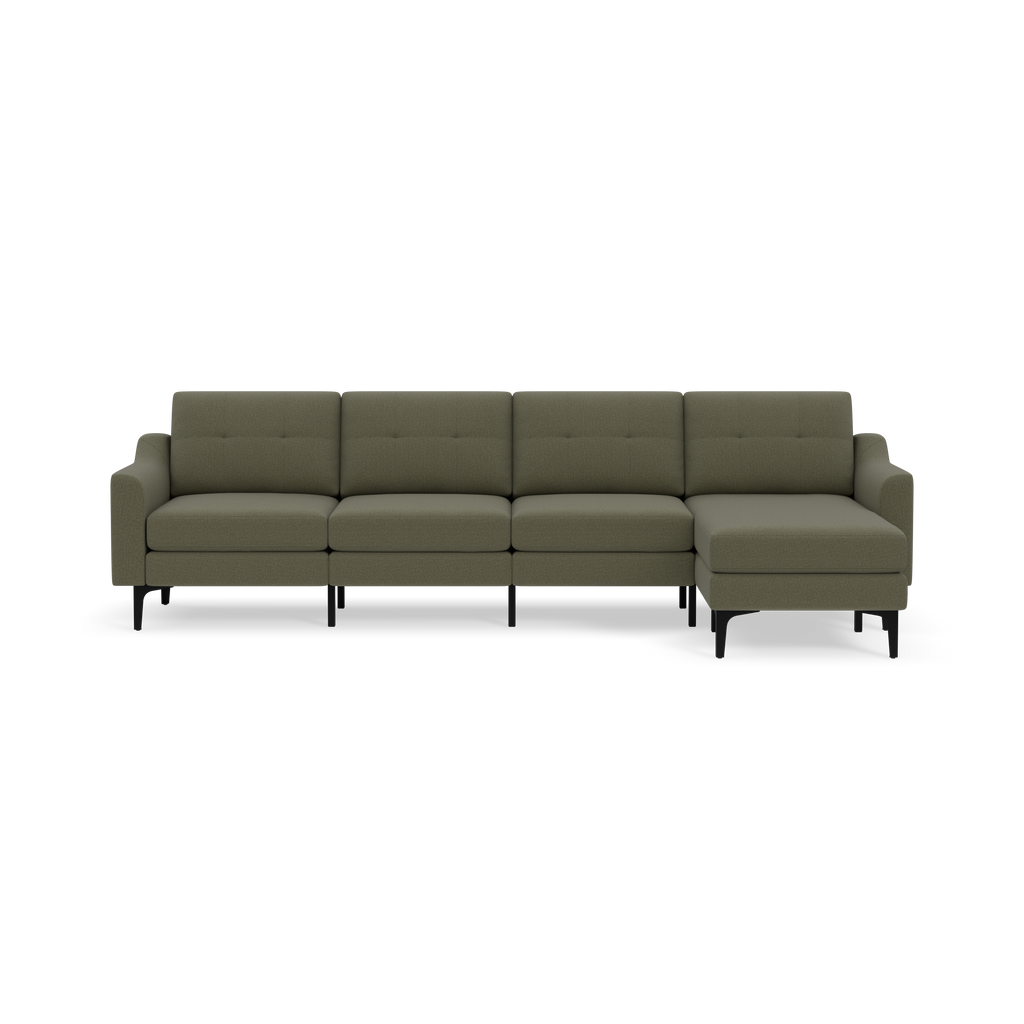 Modern Moss green sectional sofa with four seats, tufted back cushions, armrests on both sides, and black legs, isolated on black background.