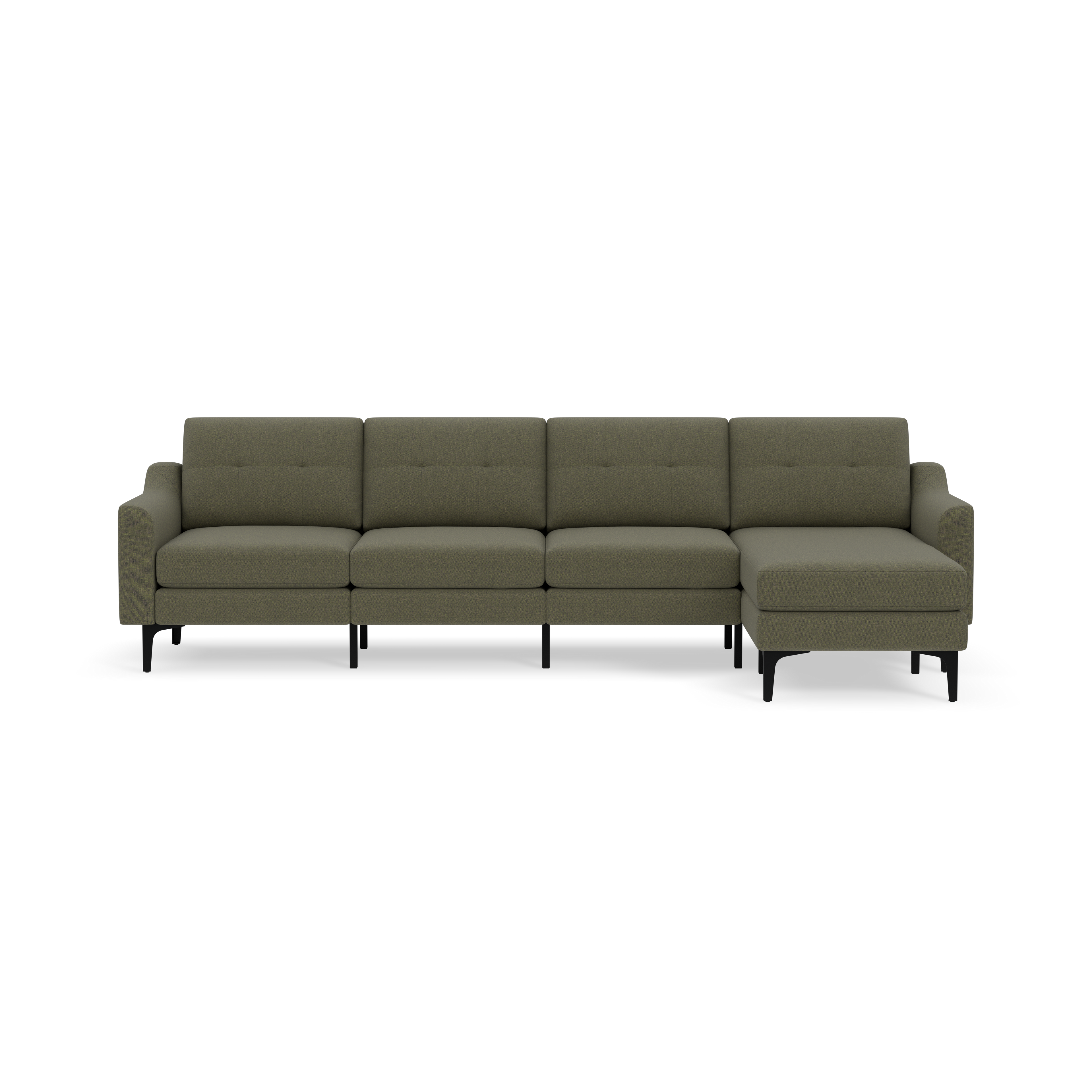 Modern Moss green sectional sofa with four seats, tufted back cushions, armrests on both sides, and black legs, isolated on black background.