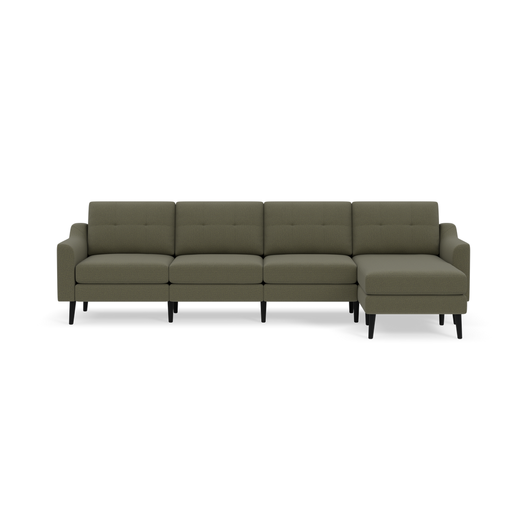 Modern Moss green sectional sofa with four seat cushions, tufted backrests, armrests on both ends, and black wooden legs.