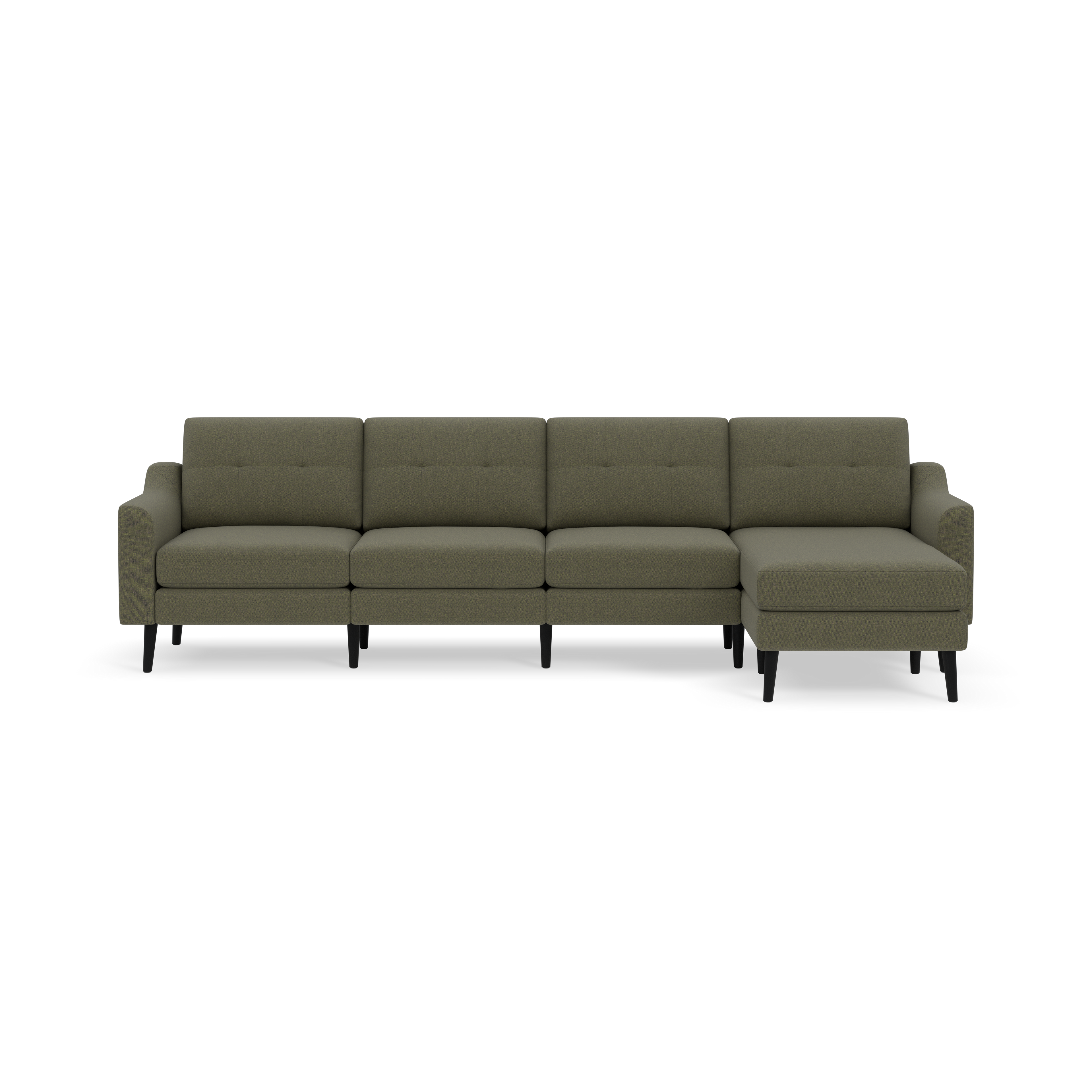 Modern Moss green sectional sofa with four seat cushions, tufted backrests, armrests on both ends, and black wooden legs.