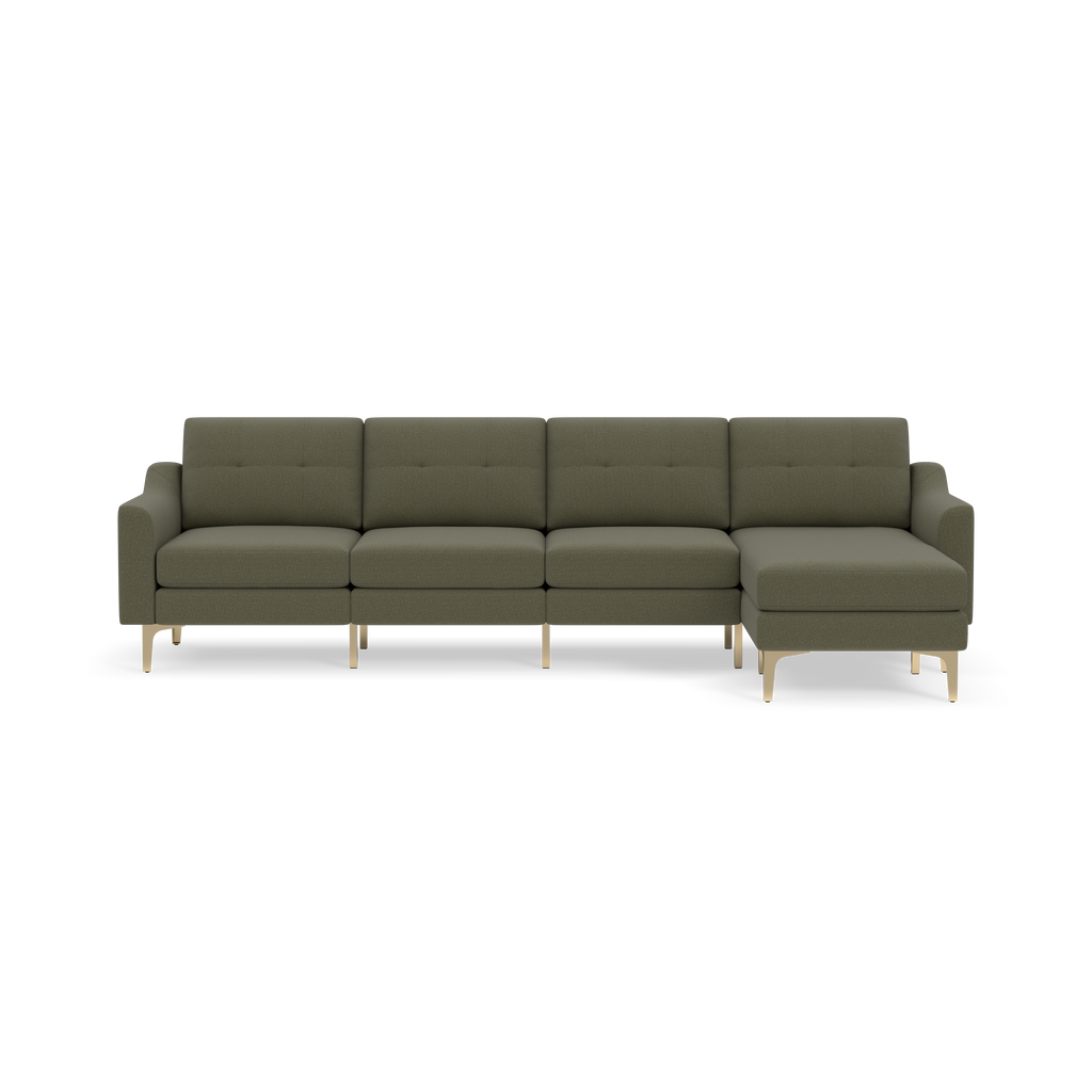 Modern Moss green sectional sofa with four seats, tufted cushions, and light wooden legs, featuring a right-side chaise lounge.