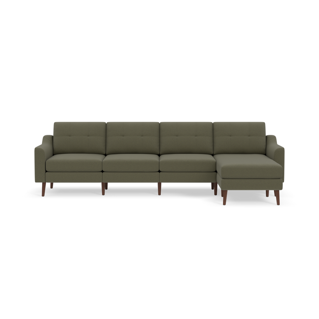 Modern Moss green sectional sofa with four-seat cushions, tufted backrests, slim armrests, and wooden legs on a black background.