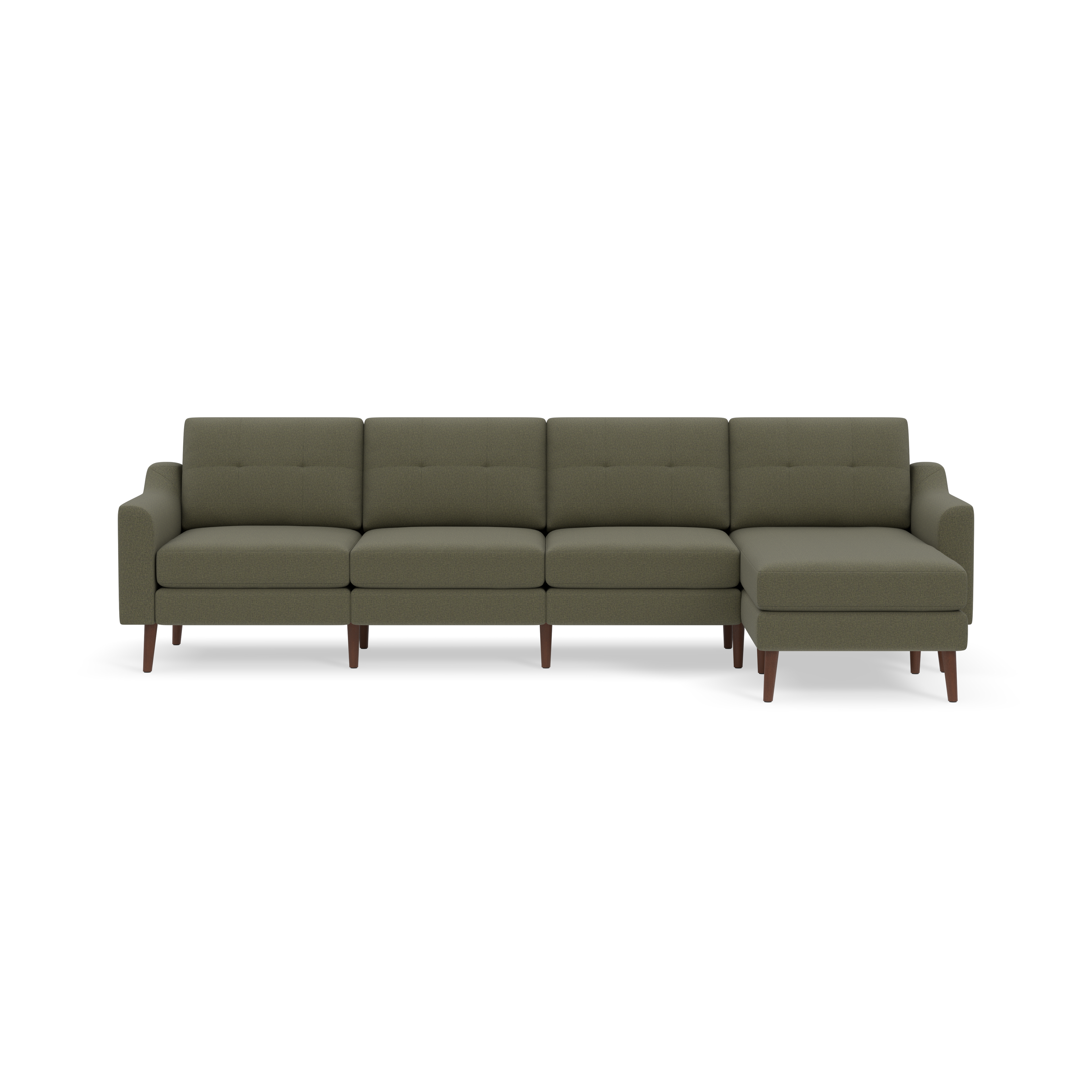 Modern Moss green sectional sofa with four-seat cushions, tufted backrests, slim armrests, and wooden legs on a black background.