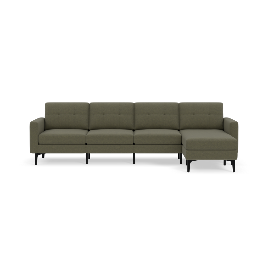 Modern Moss green sectional sofa with four cushioned seats, tufted backrests, armrests on one side, and slim black legs.