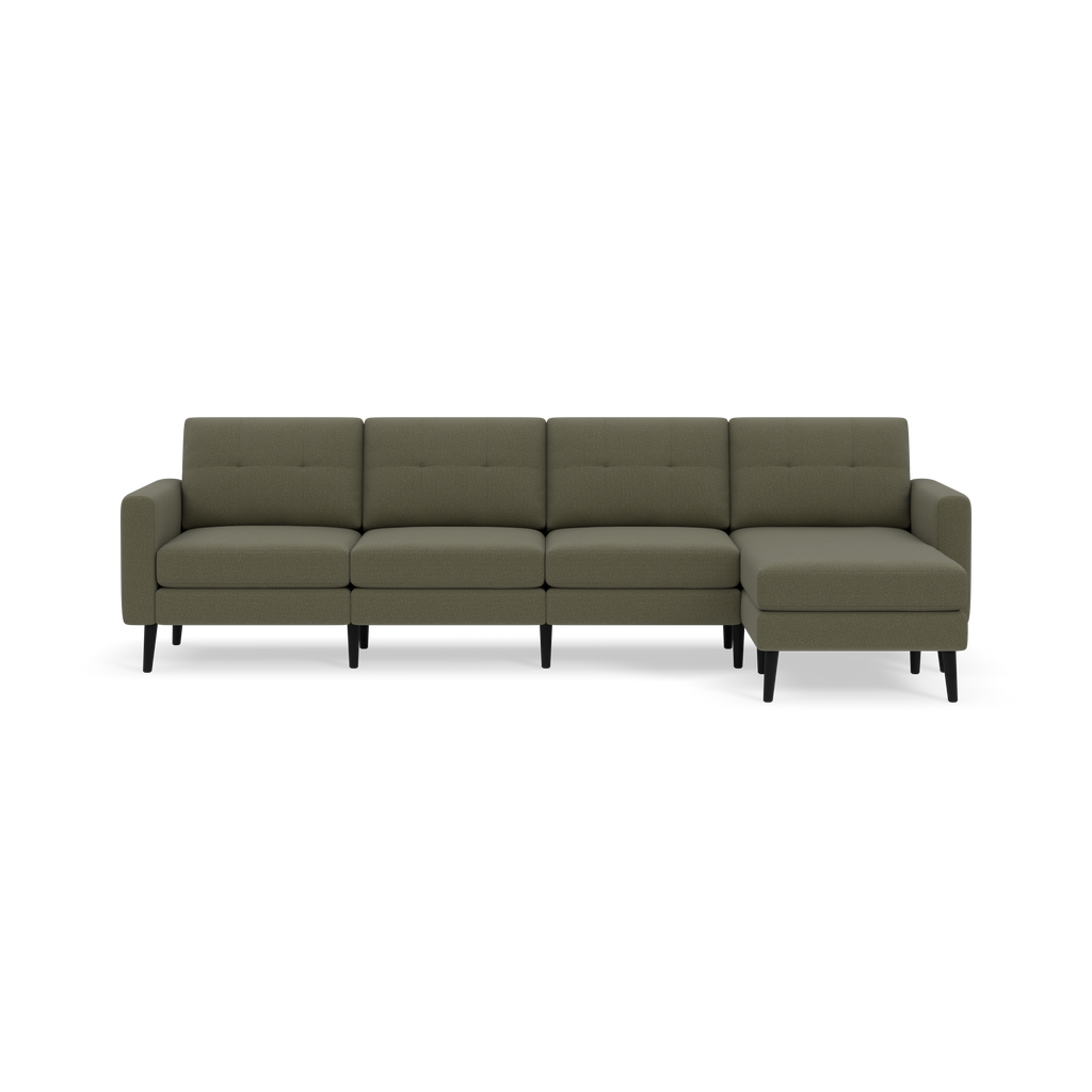 Modern olive-green sectional sofa with four seats, tufted back cushions, and sleek black legs, featuring a right-side chaise lounge.