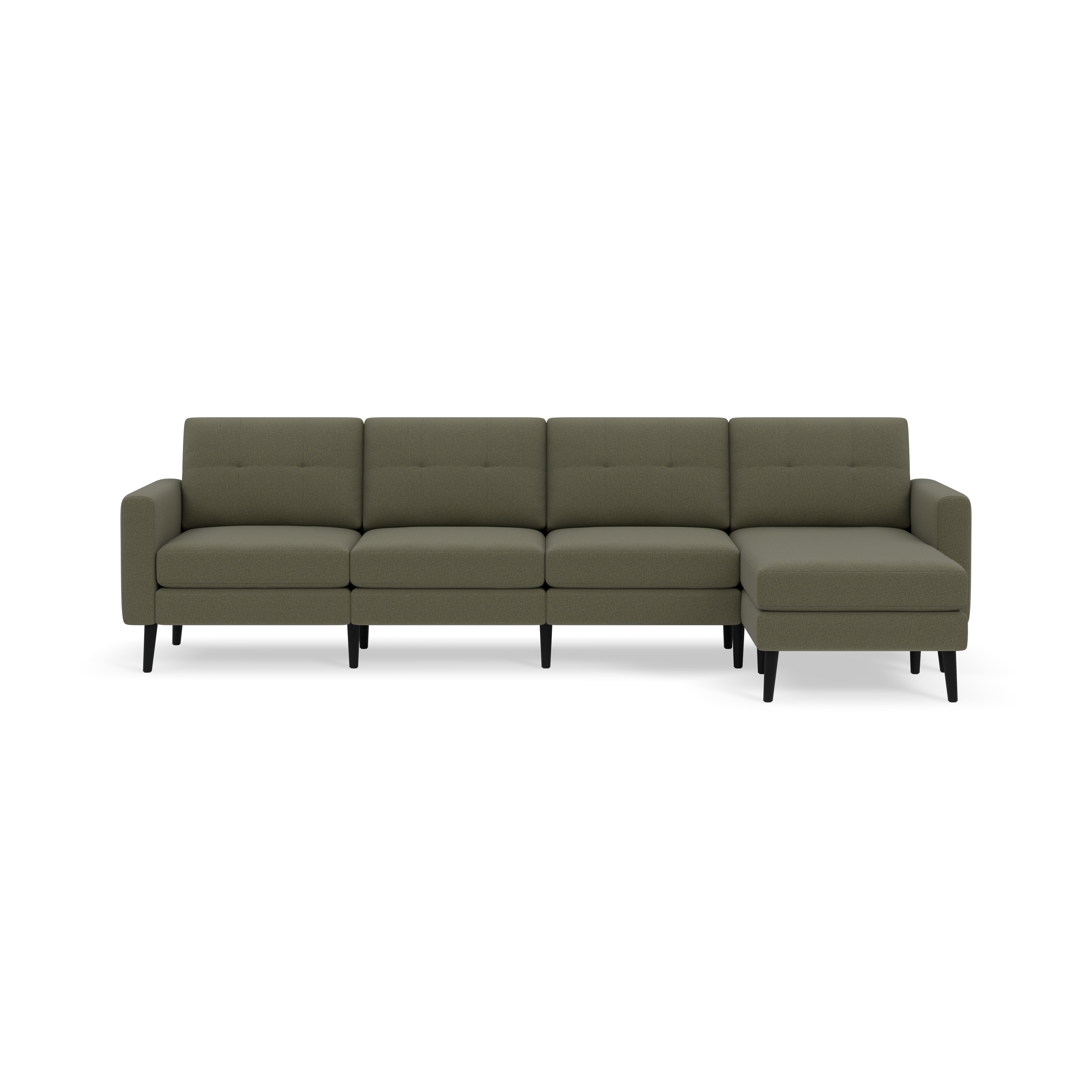 Modern olive-green sectional sofa with four seats, tufted back cushions, and sleek black legs, featuring a right-side chaise lounge.