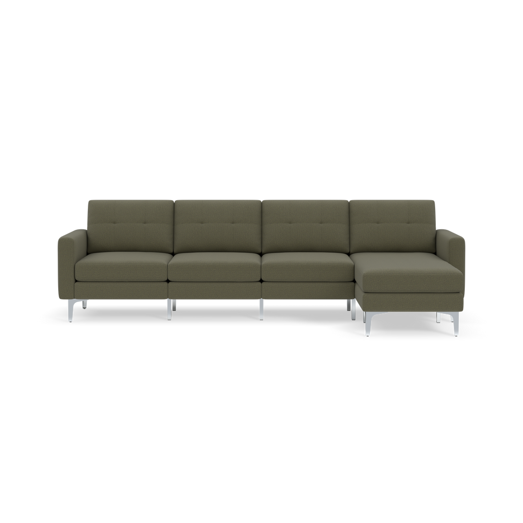 Modern Moss green sectional sofa with tufted cushions, metal legs, and a right-side chaise lounge on black background.