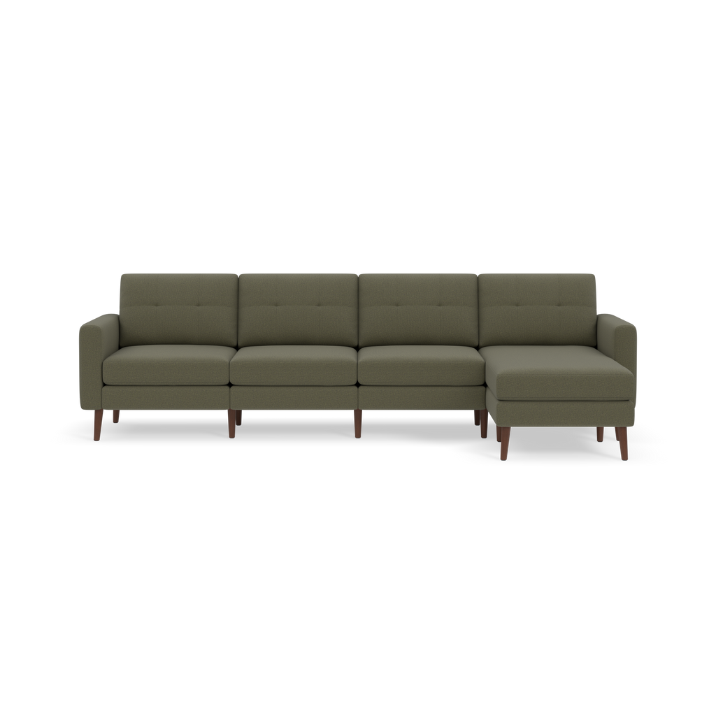 Modern olive-green sectional sofa with tufted back cushions, wooden legs, and a right-side chaise lounge.