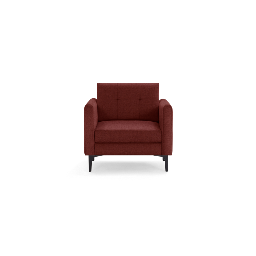 Modern single-seat armchair with deep red fabric upholstery, cushioned seat and back, and black angled legs.