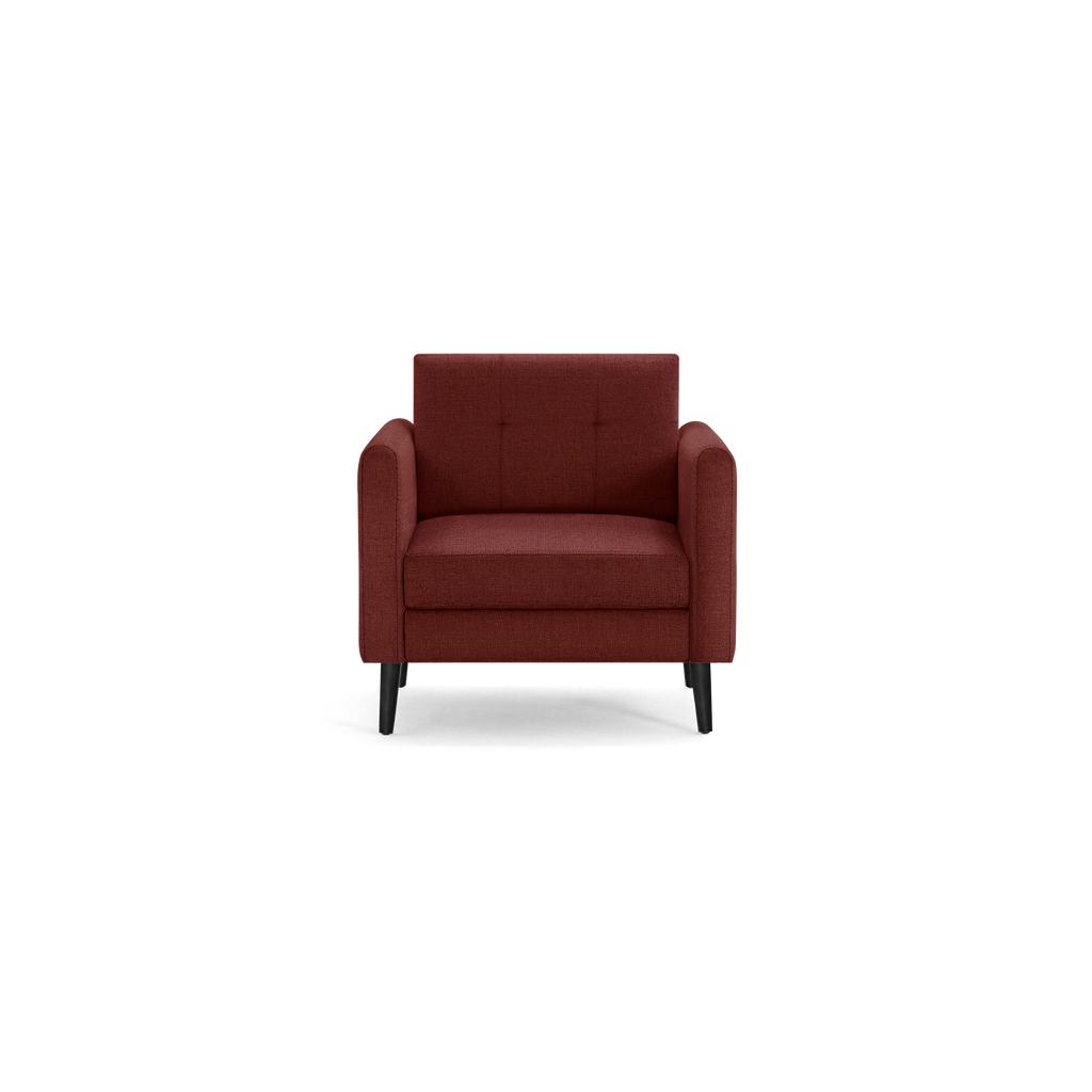 Front view of a modern single-seat armchair in dark red fabric with black wooden legs and tufted backrest.