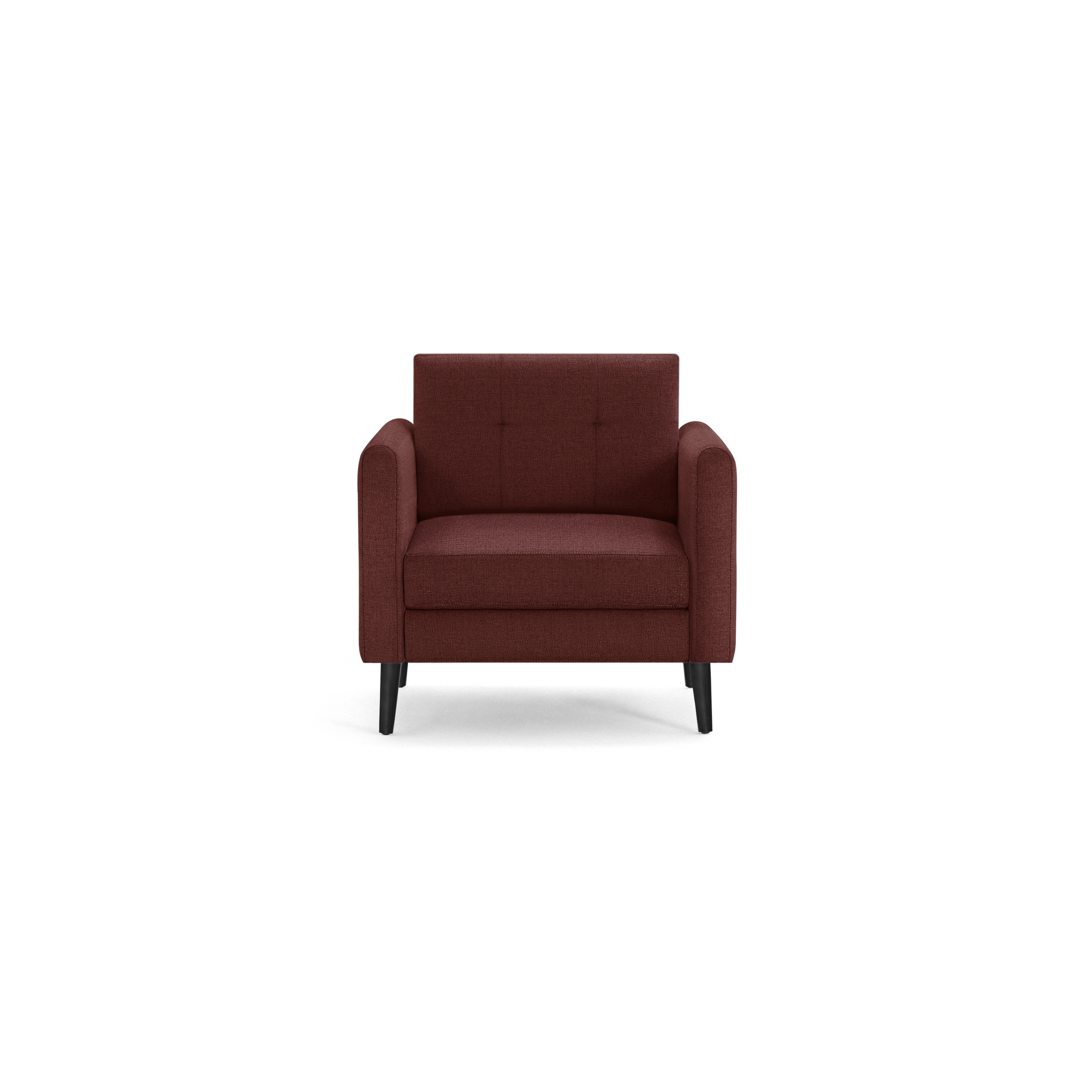 Front view of a modern single-seat armchair in dark red fabric with black wooden legs and tufted backrest.