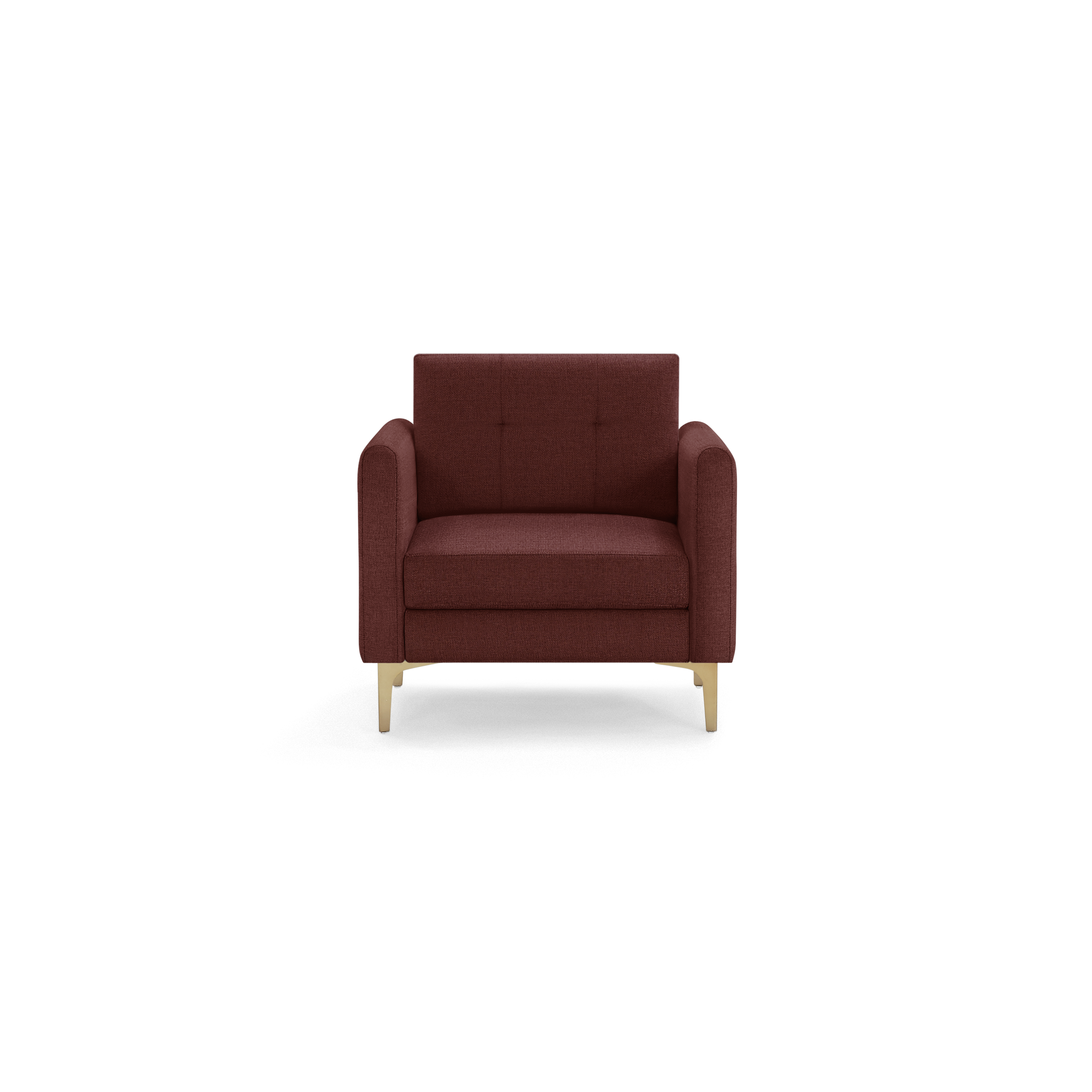 Front view of a modern burgundy upholstered armchair with square tufted backrest and light wooden legs.