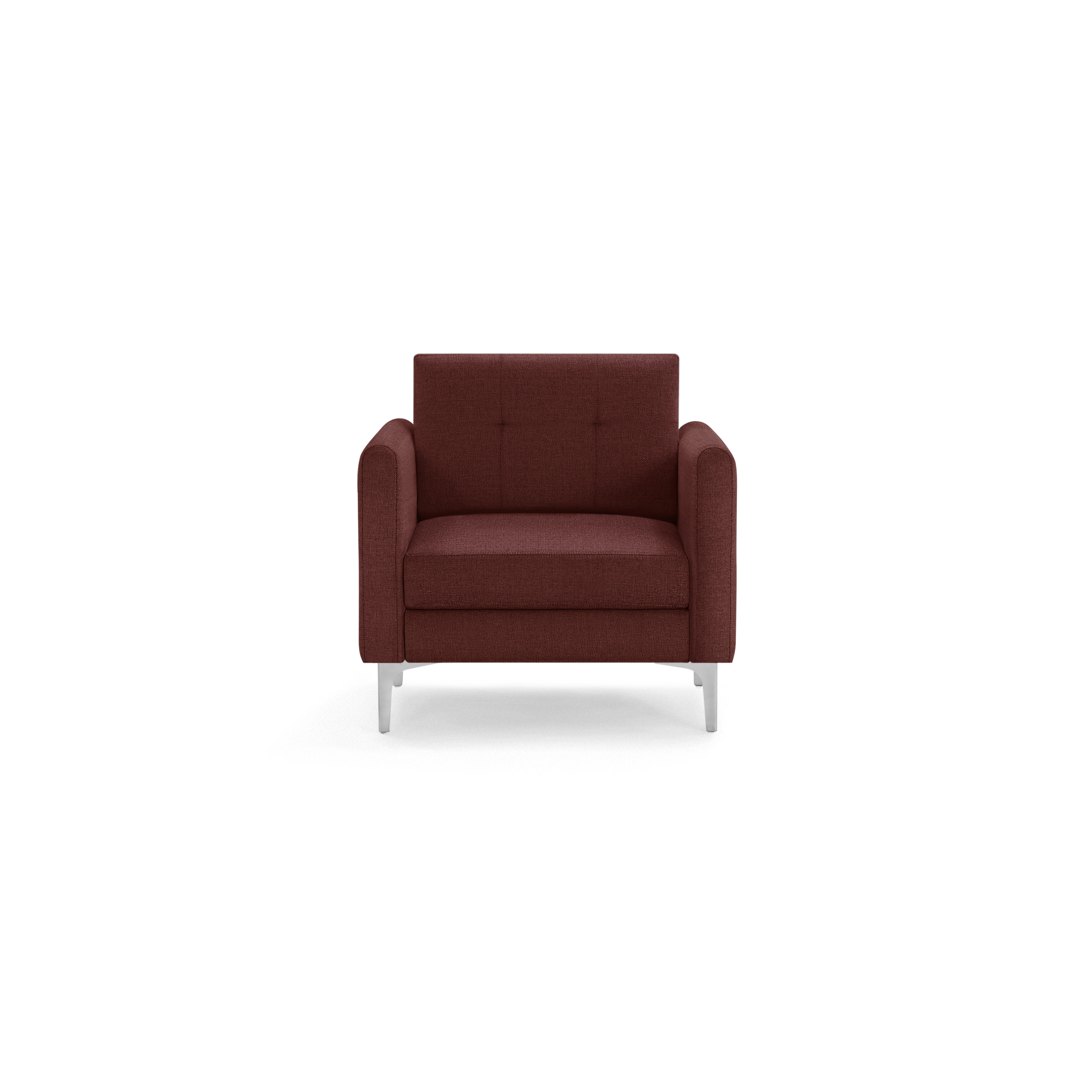 Front view of a modern, deep red upholstered armchair with square arms and silver legs on black background.
