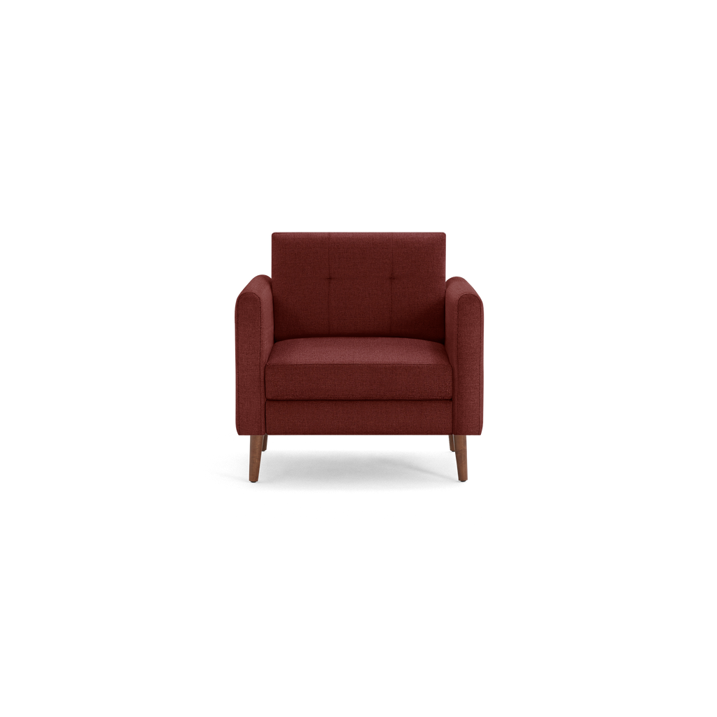 Front view of a modern, single-seat armchair upholstered in dark red fabric with wooden legs and padded armrests.