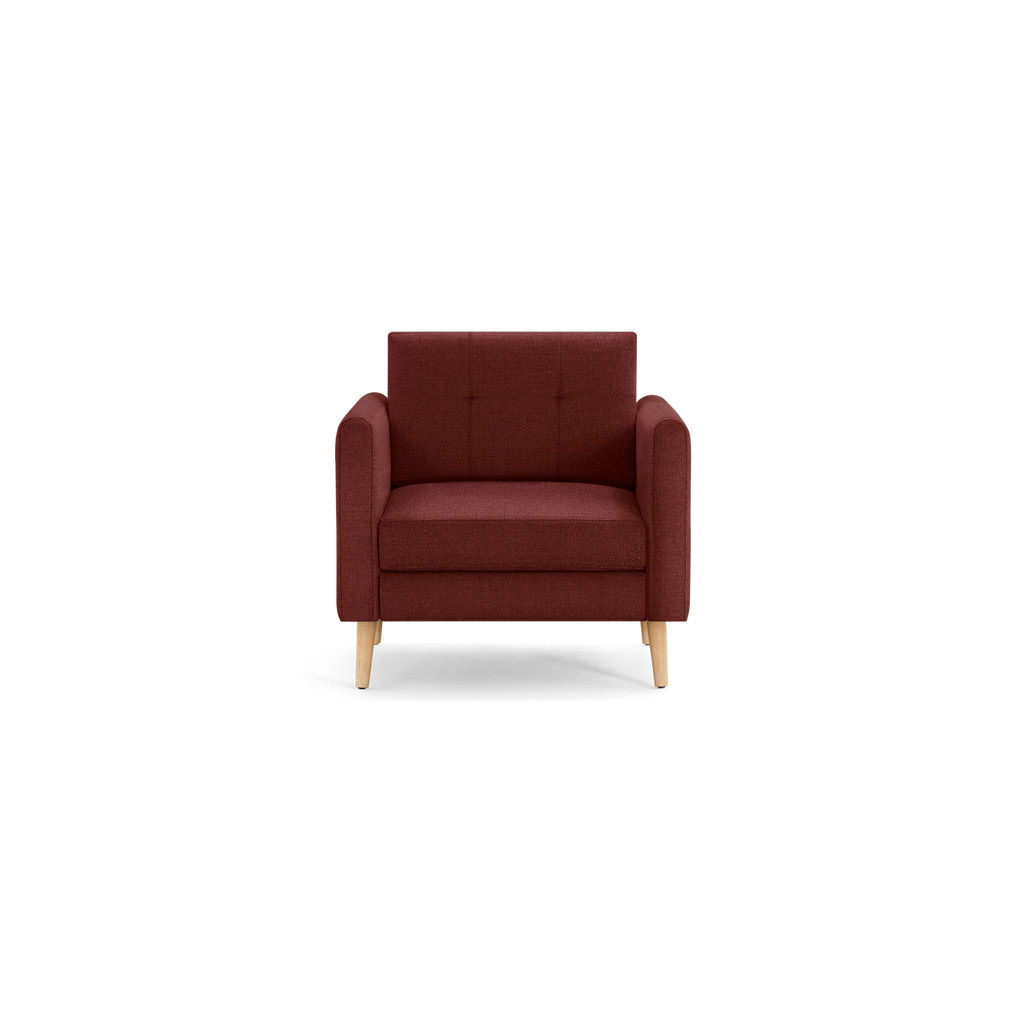 Front view of a modern, deep red fabric armchair with wooden legs and tufted backrest.