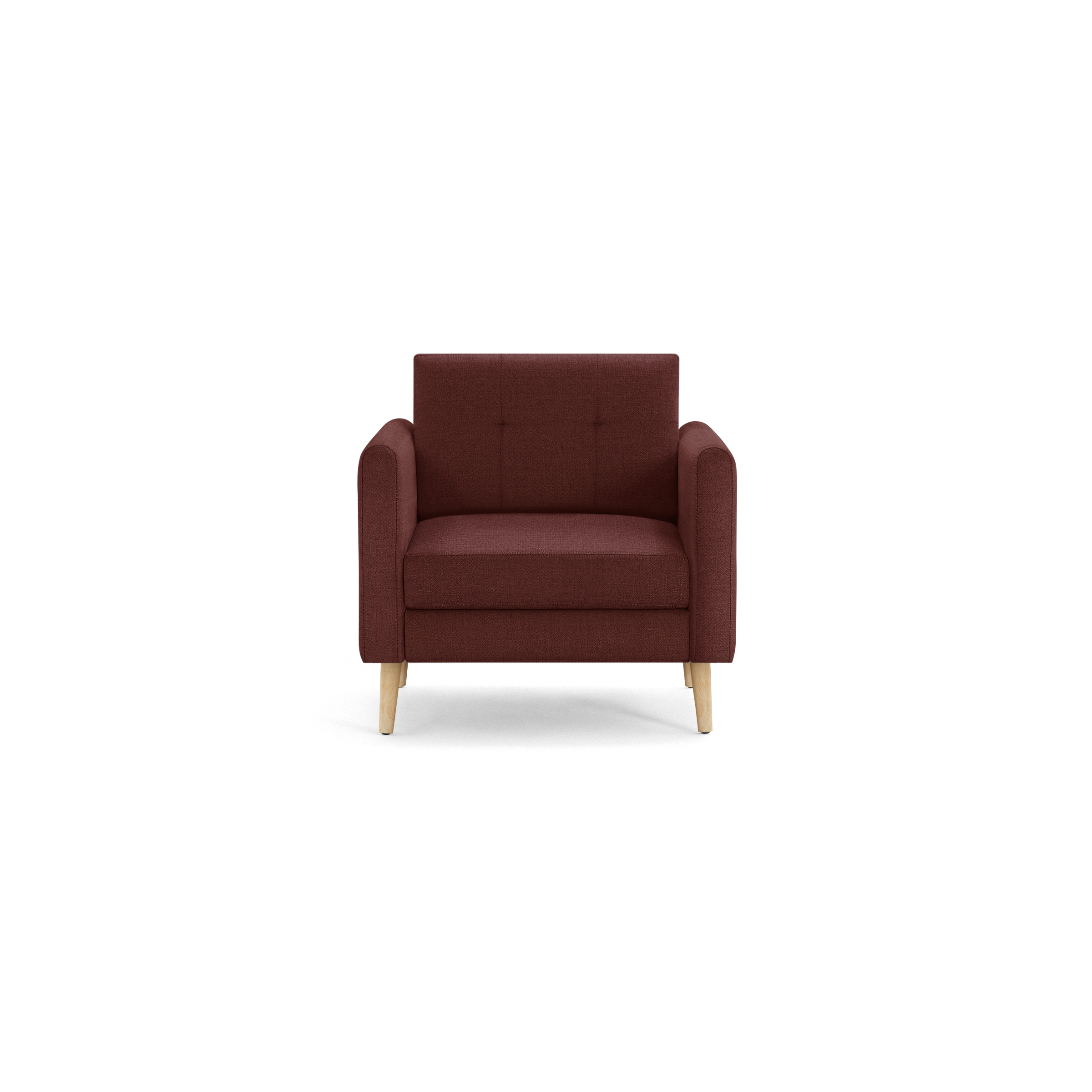 Front view of a modern, deep red fabric armchair with wooden legs and tufted backrest.