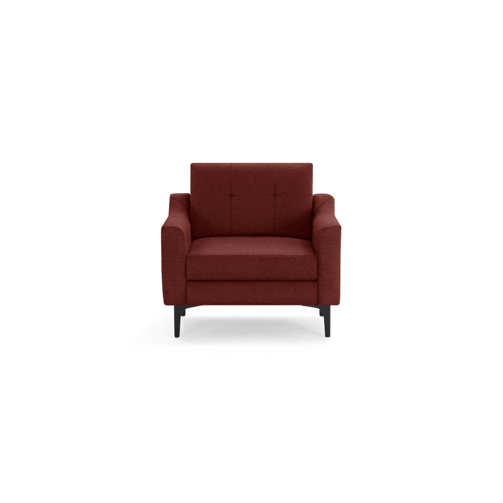Front view of a modern, single-seat armchair upholstered in dark red fabric with black wooden legs.